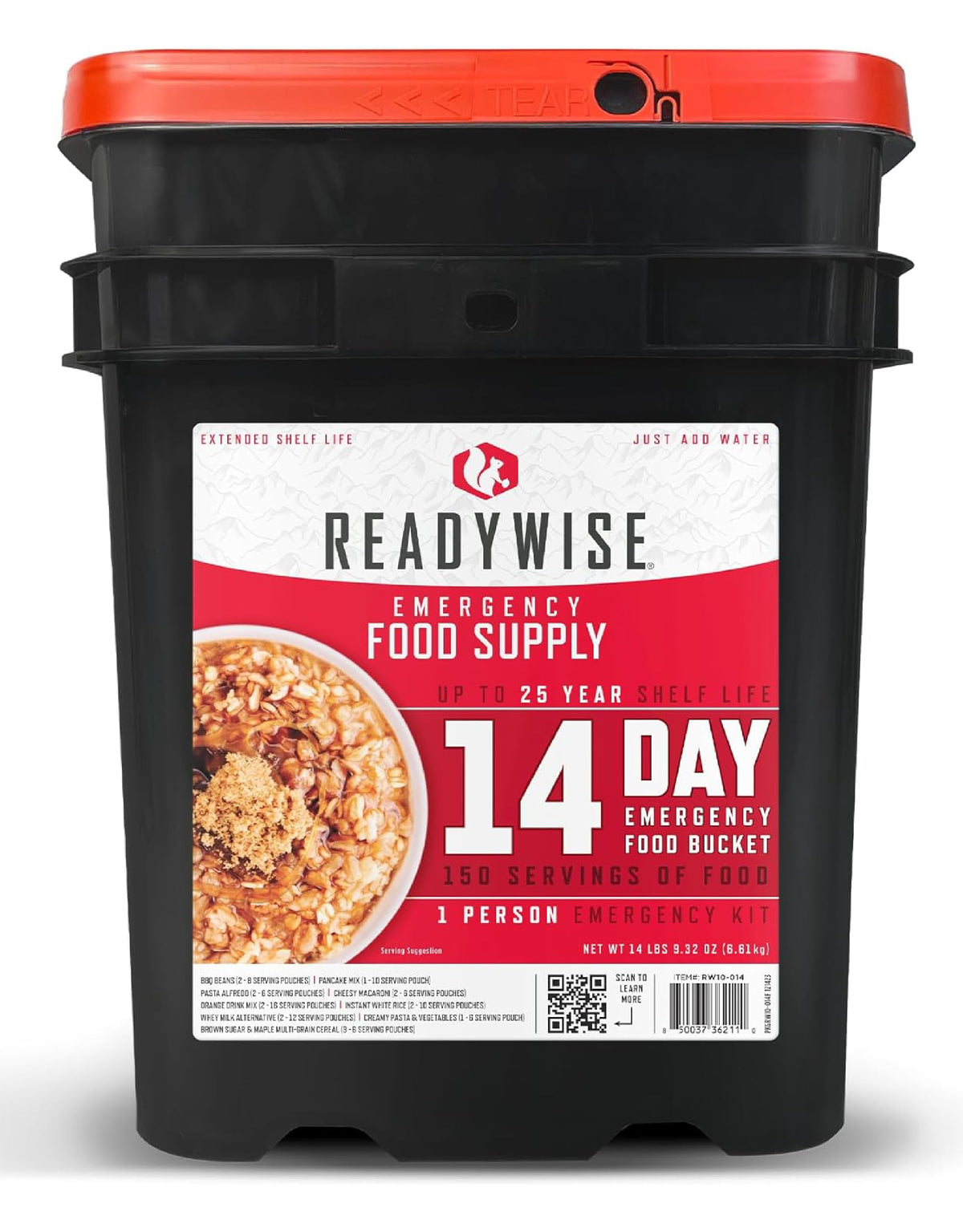 ReadyWise emergency food bucket showing stackable storage for easy pantry organization.