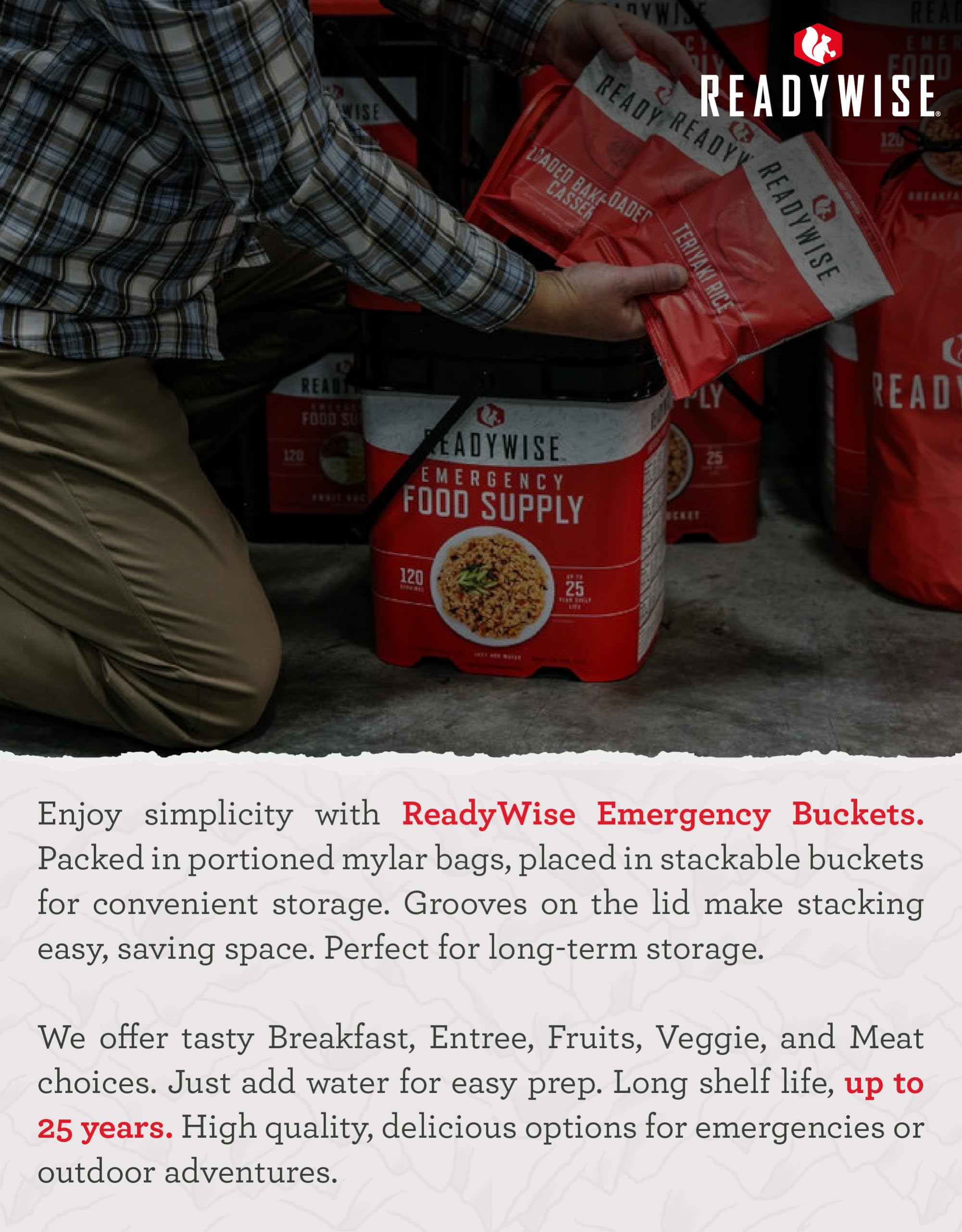 ReadyWise compact storage solution fits pantry or car trunk.