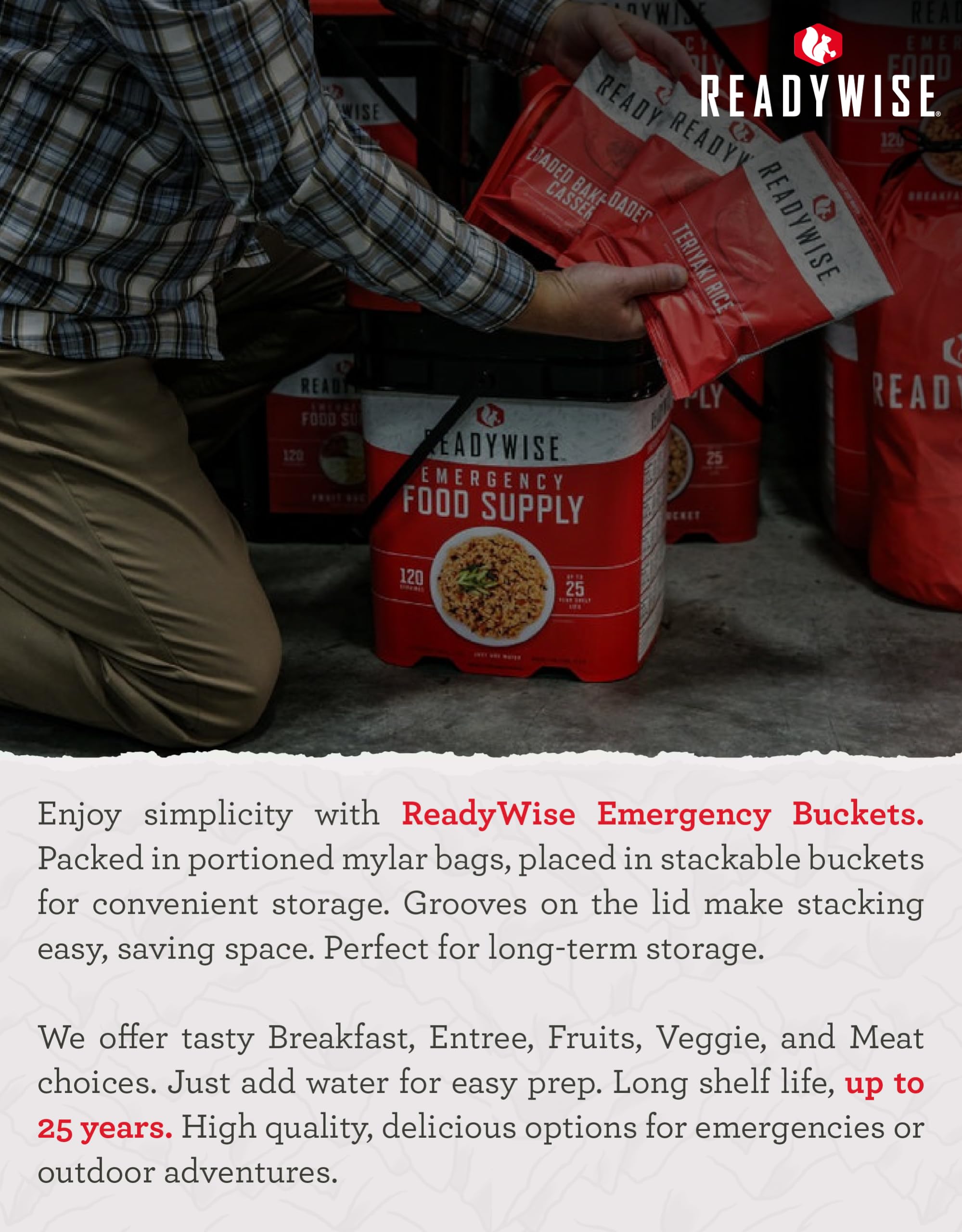 ReadyWise survival meal variety pack ready for camping and disaster prep.