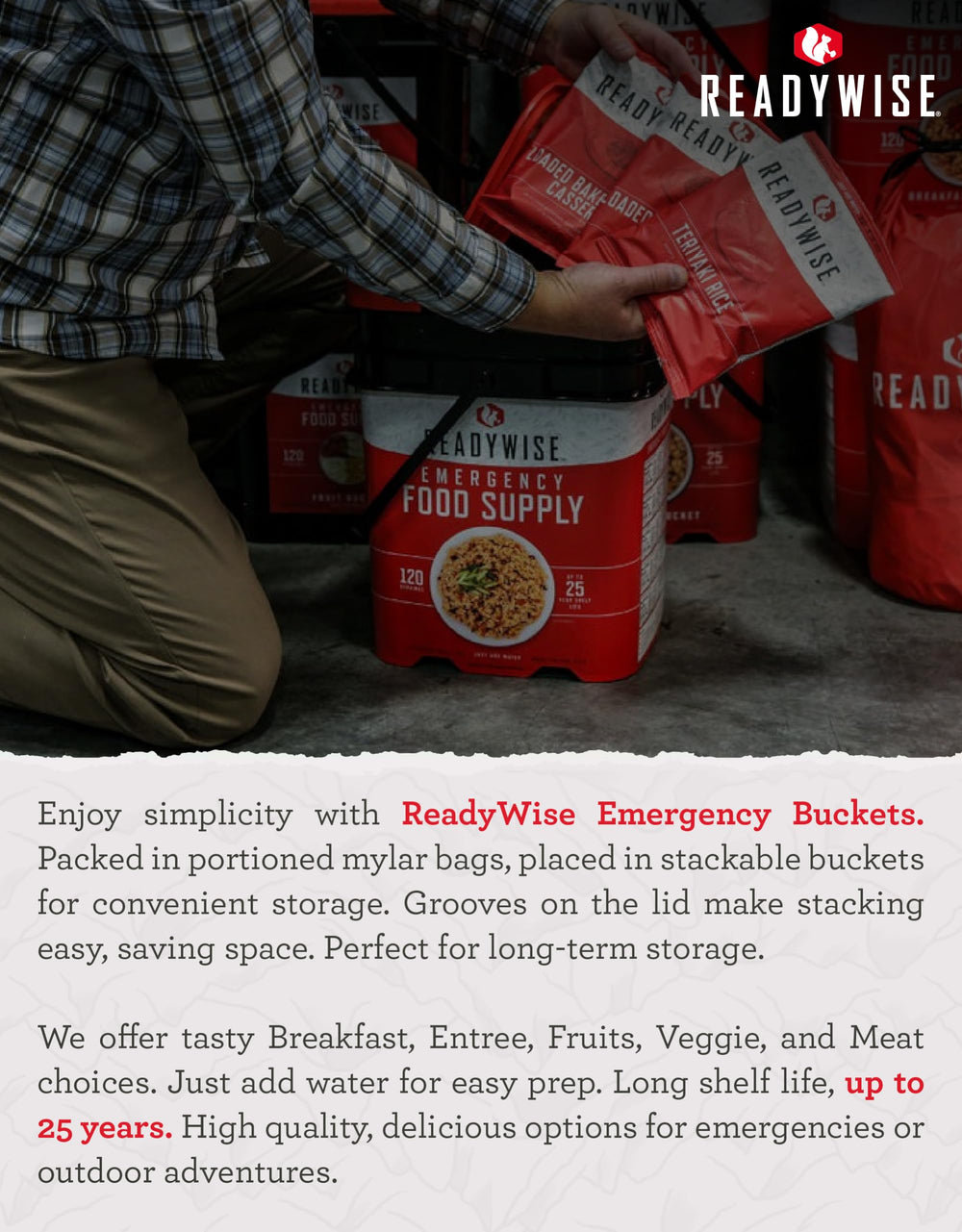 ReadyWise survival meal variety pack ready for camping and disaster prep.