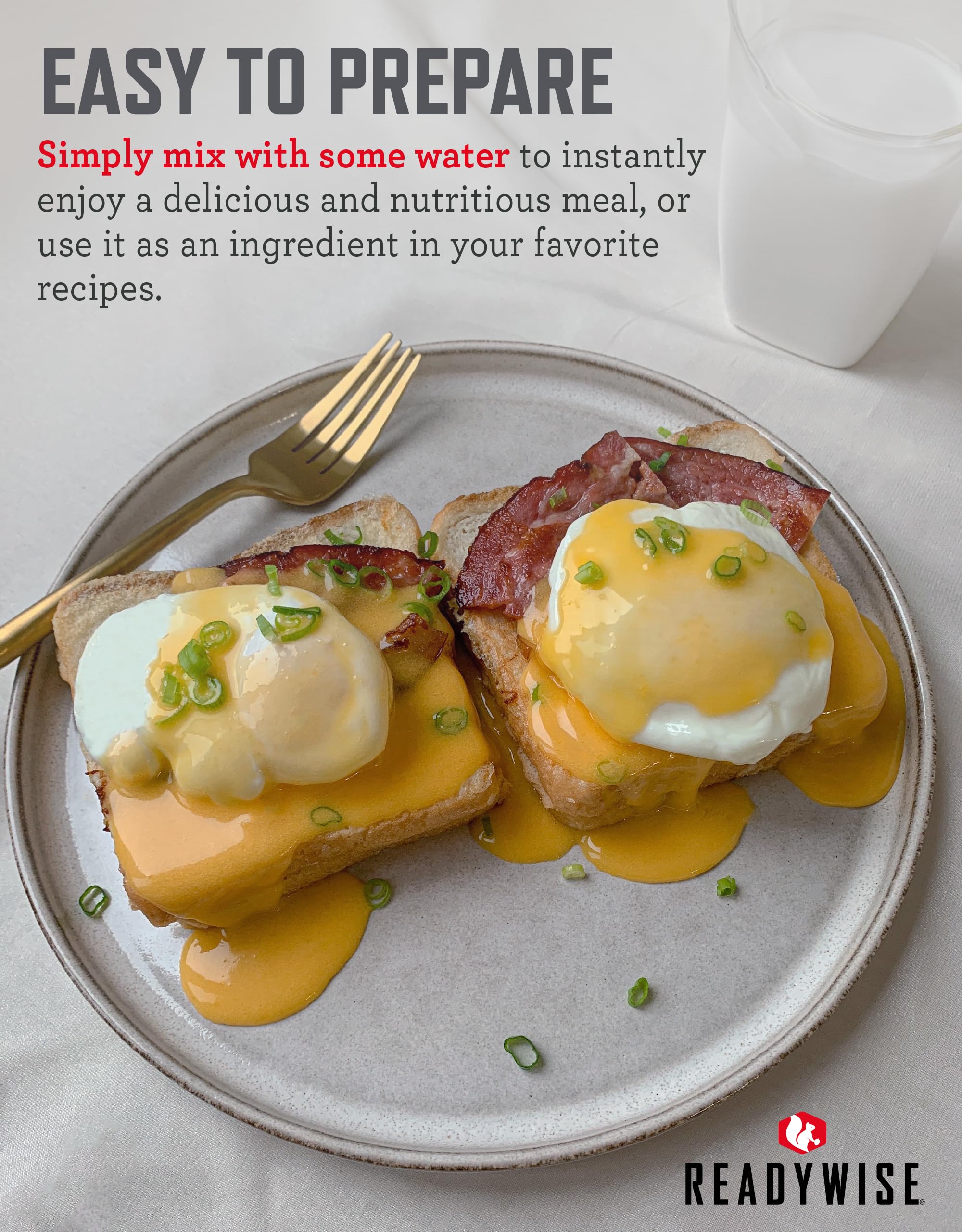 ReadyWise freeze-dried powdered eggs for quick, versatile meals in any scenario.