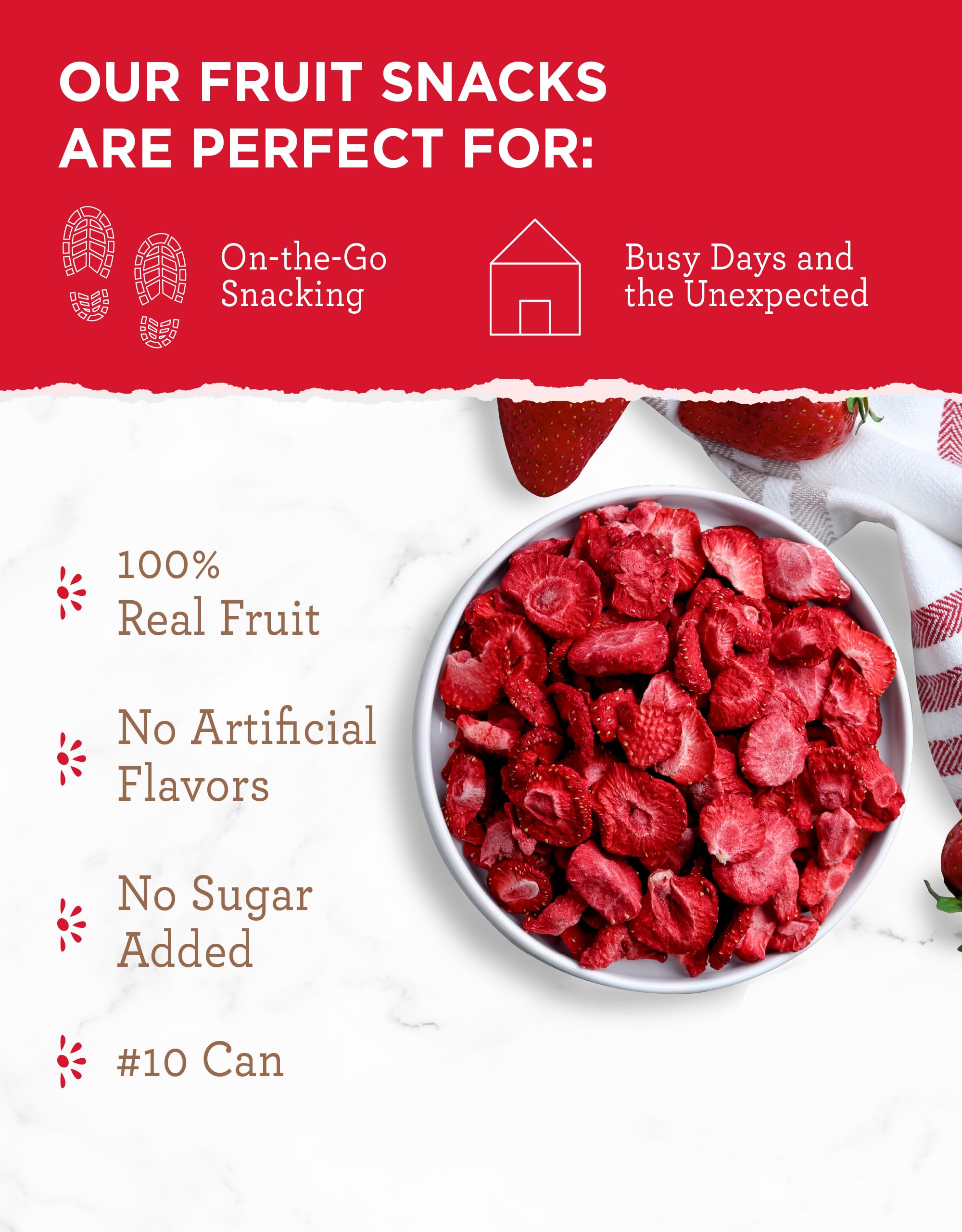 Close-up of ReadyWise freeze-dried strawberries highlighting crisp texture.