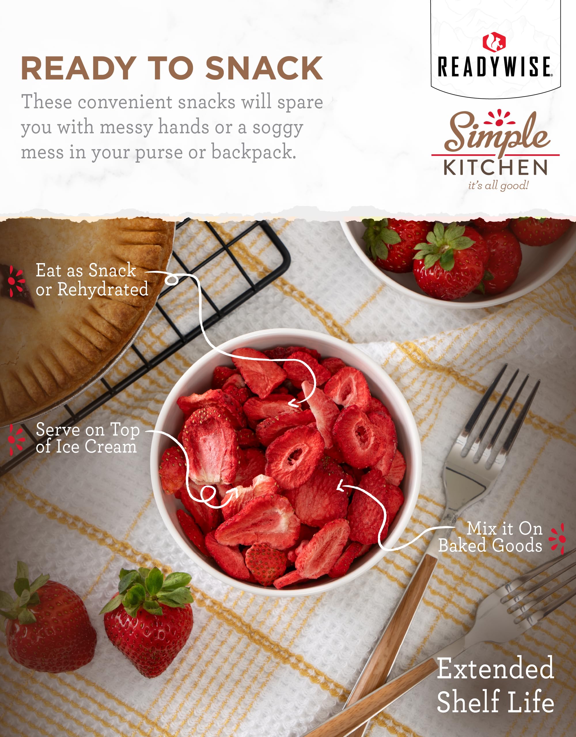 ReadyWise strawberries snack pack shown for quick, gluten-free treats.