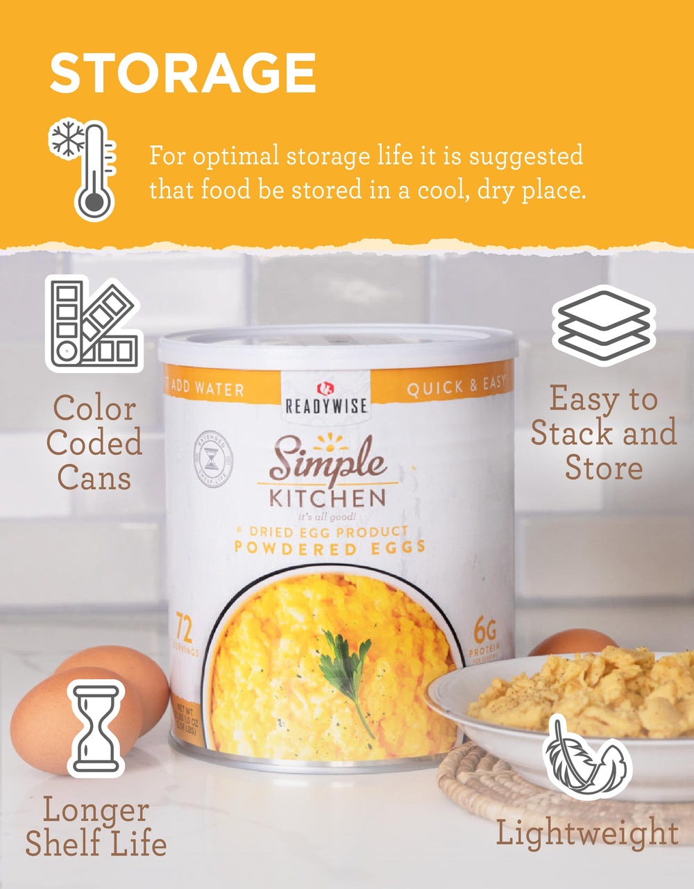 ReadyWise long-term storage egg powder tin for emergencies.