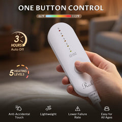 Reaks controller closeup highlights easy five-level warmth selection.