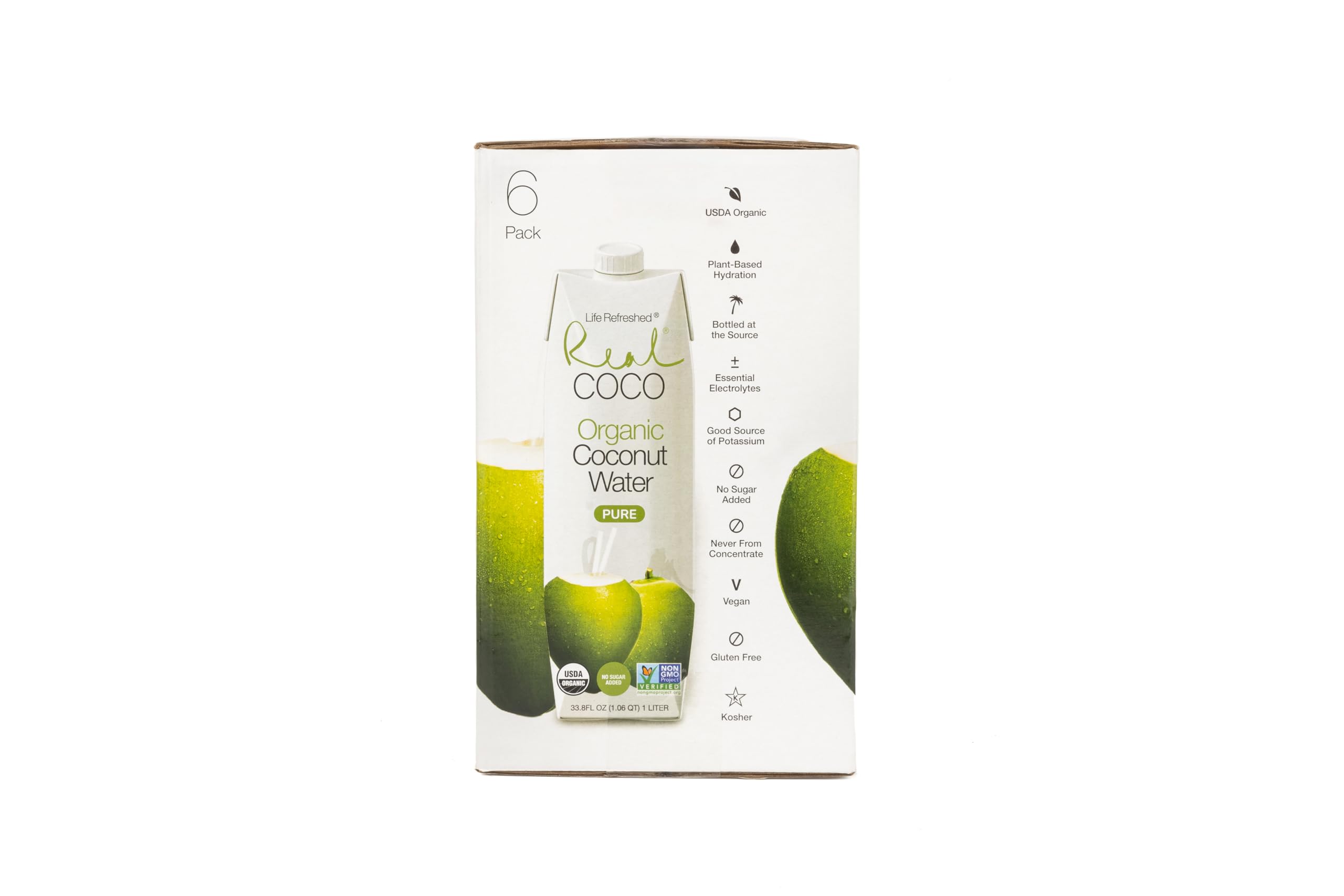 Six-pack Real Coco display highlighting convenient plant-based hydration on the go.