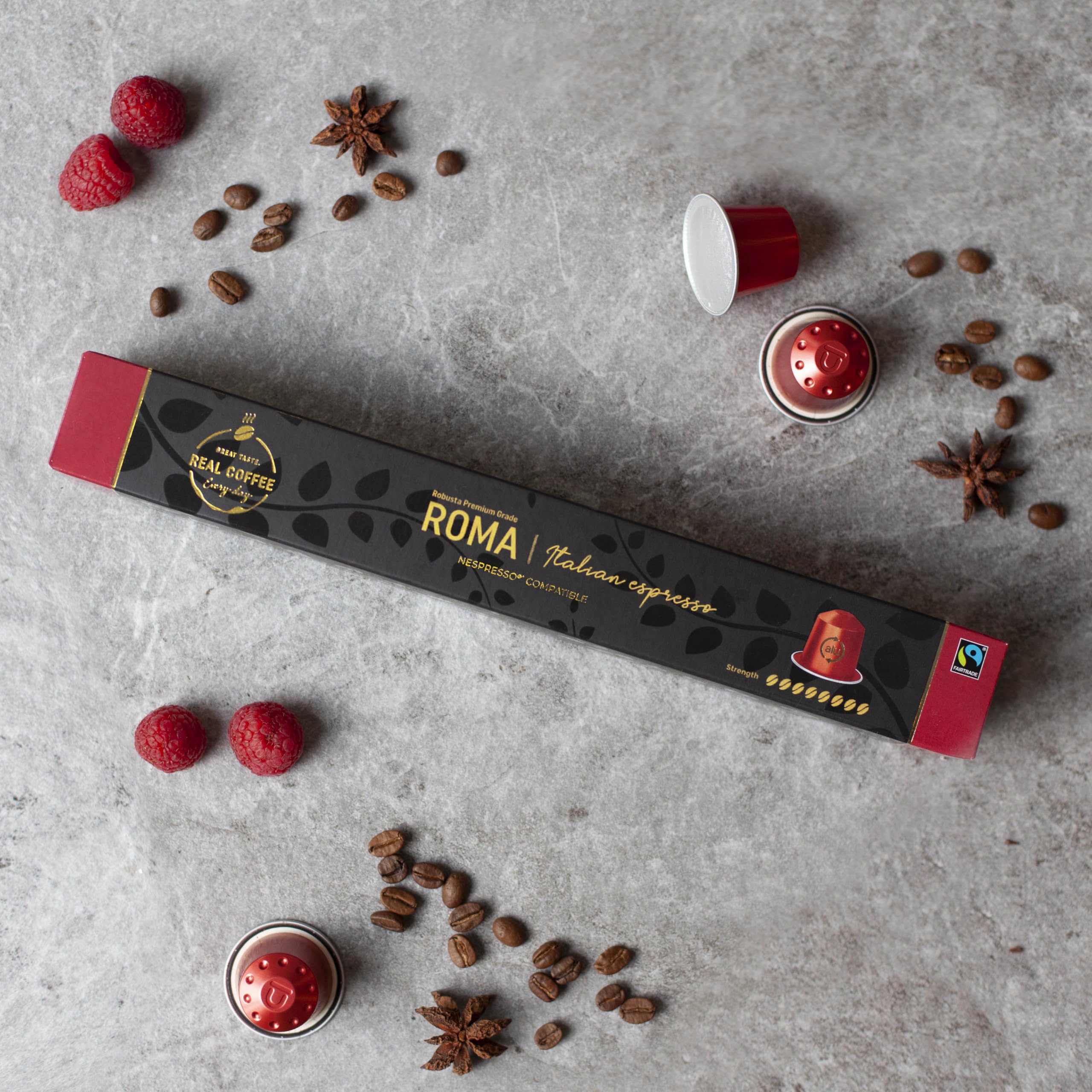 Real Coffee Great Taste Espresso Sumatra pod closeup with chocolate notes.