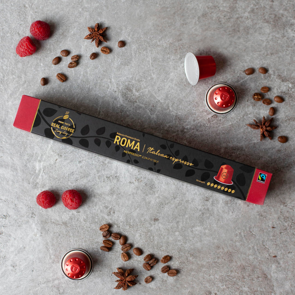 Real Coffee Great Taste Espresso Sumatra pod closeup with chocolate notes.