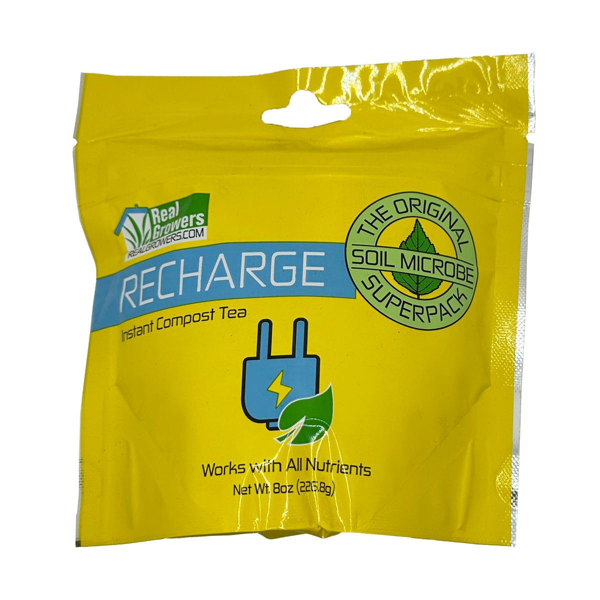Real Growers Recharge 8oz bottle label promoting living soil biology