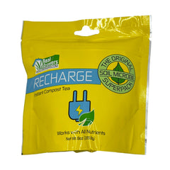 Real Growers Recharge 8oz bottle label promoting living soil biology