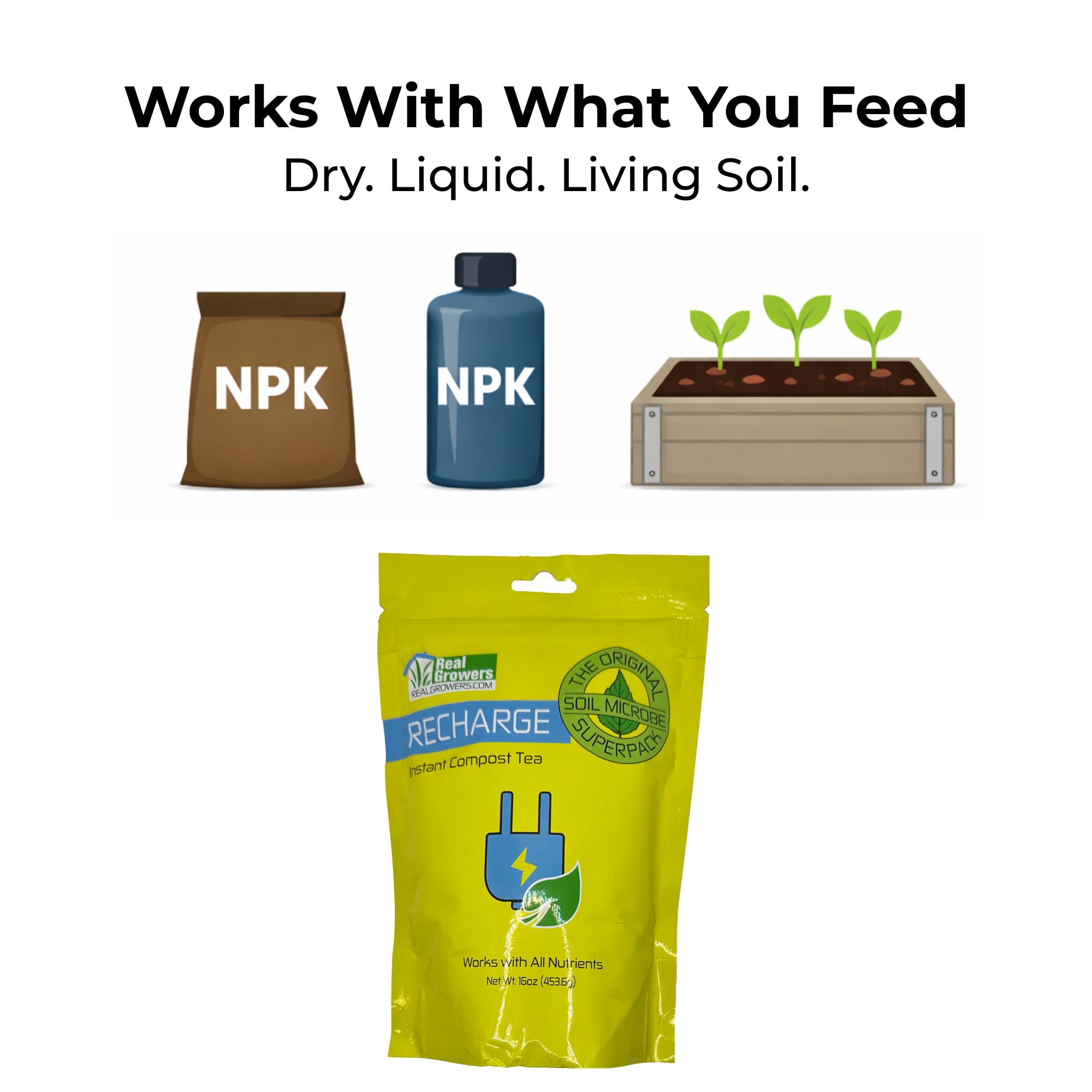Recharge compatible with compost tea to boost biology.