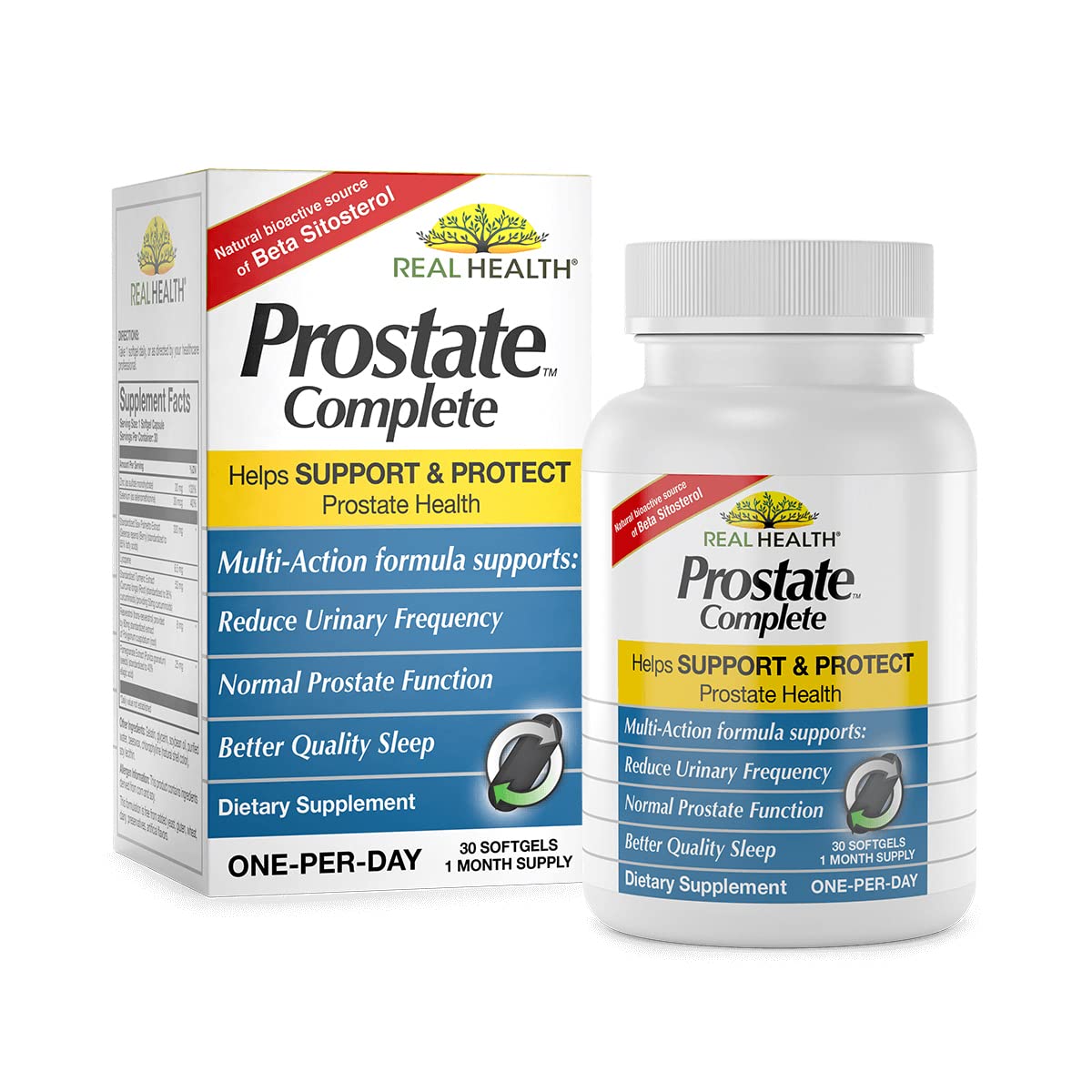 Real Health Prostate Complete bottle label with full-spectrum formula for daily support