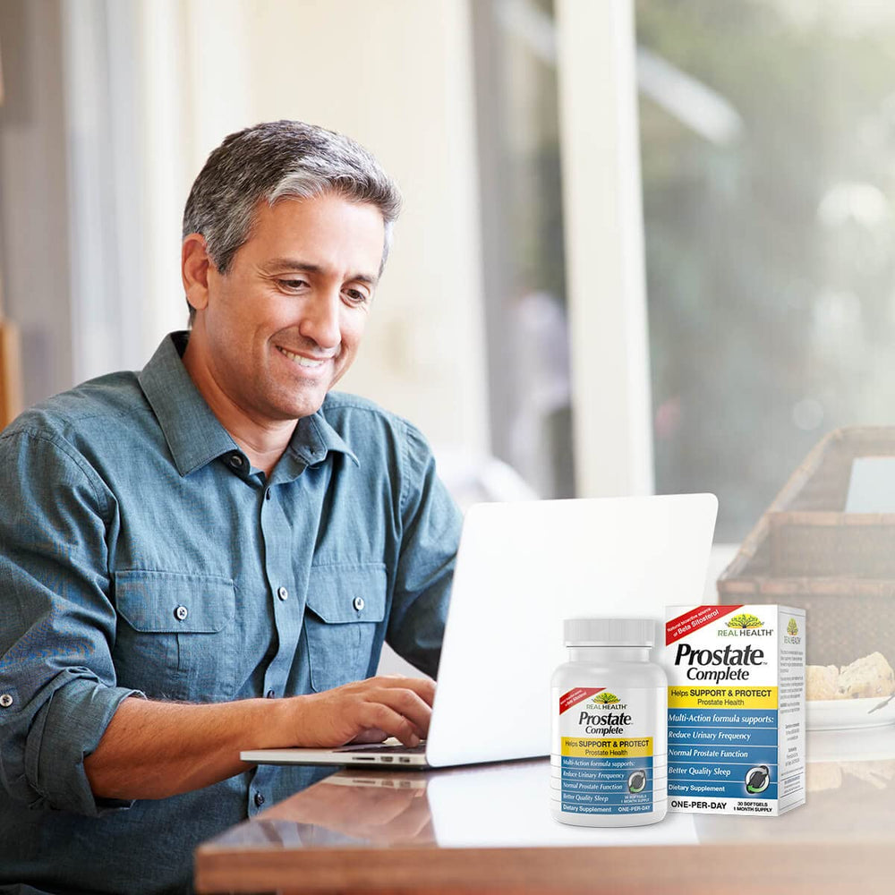 Real Health Prostate Complete image featuring saw palmetto ingredient for targeted support