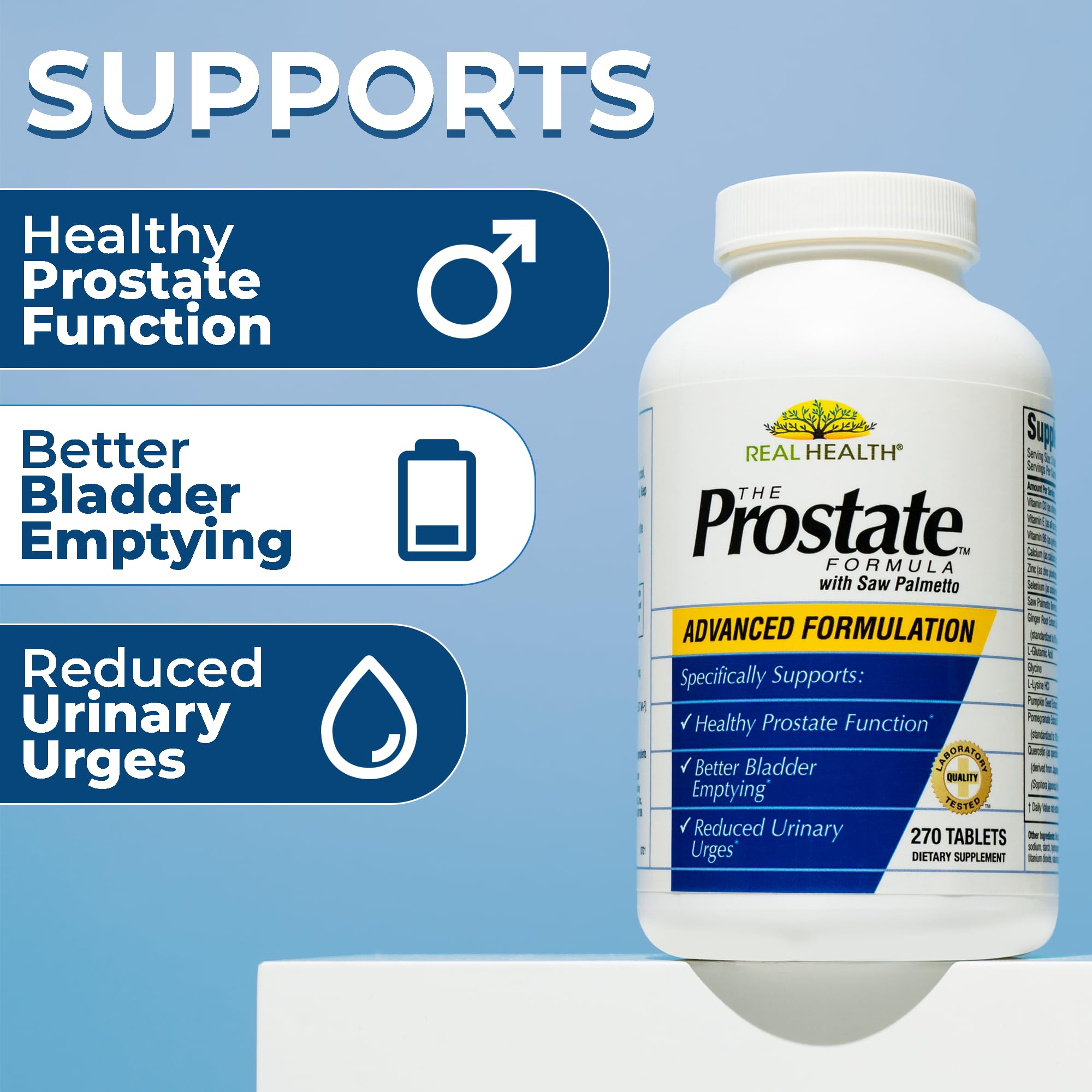 Real Health Prostate Formula tablets showing the three-per-day dosing for daily use