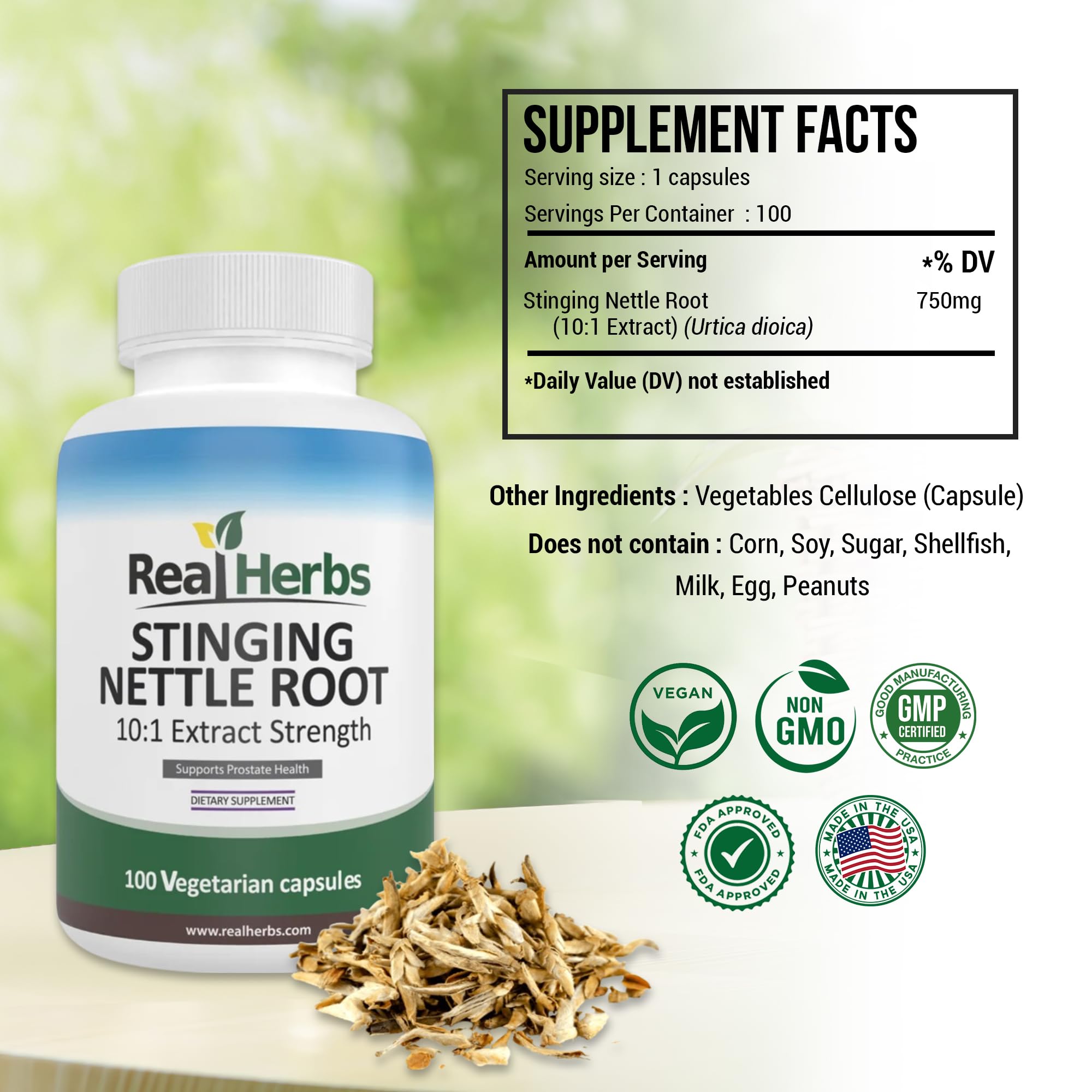 Real Herbs capsules close up showing 750 mg full spectrum nettle extract