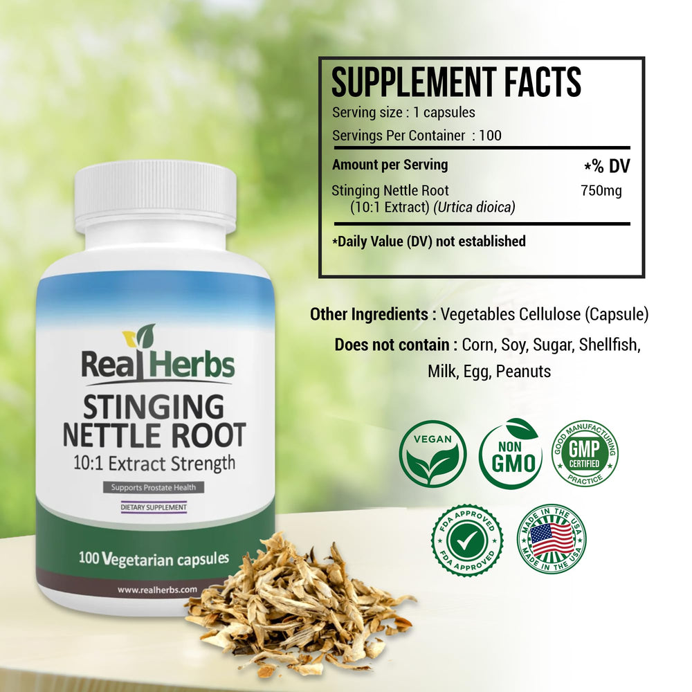 Real Herbs capsules close up showing 750 mg full spectrum nettle extract