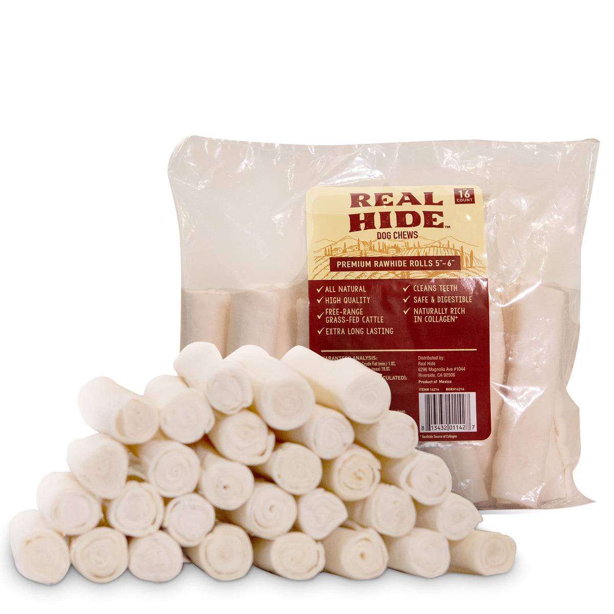 Real Hide premium rawhide roll 5-6 inch packshot showing long-lasting chew potential