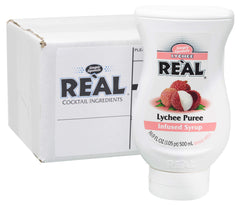 Reàl Lychee Syrup bottle pour enhances cocktails and desserts with tropical aroma.