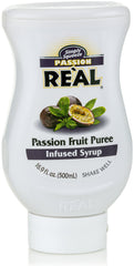 Reàl Infused Exotics Passion Fruit Puree Syrup being poured for shakes.
