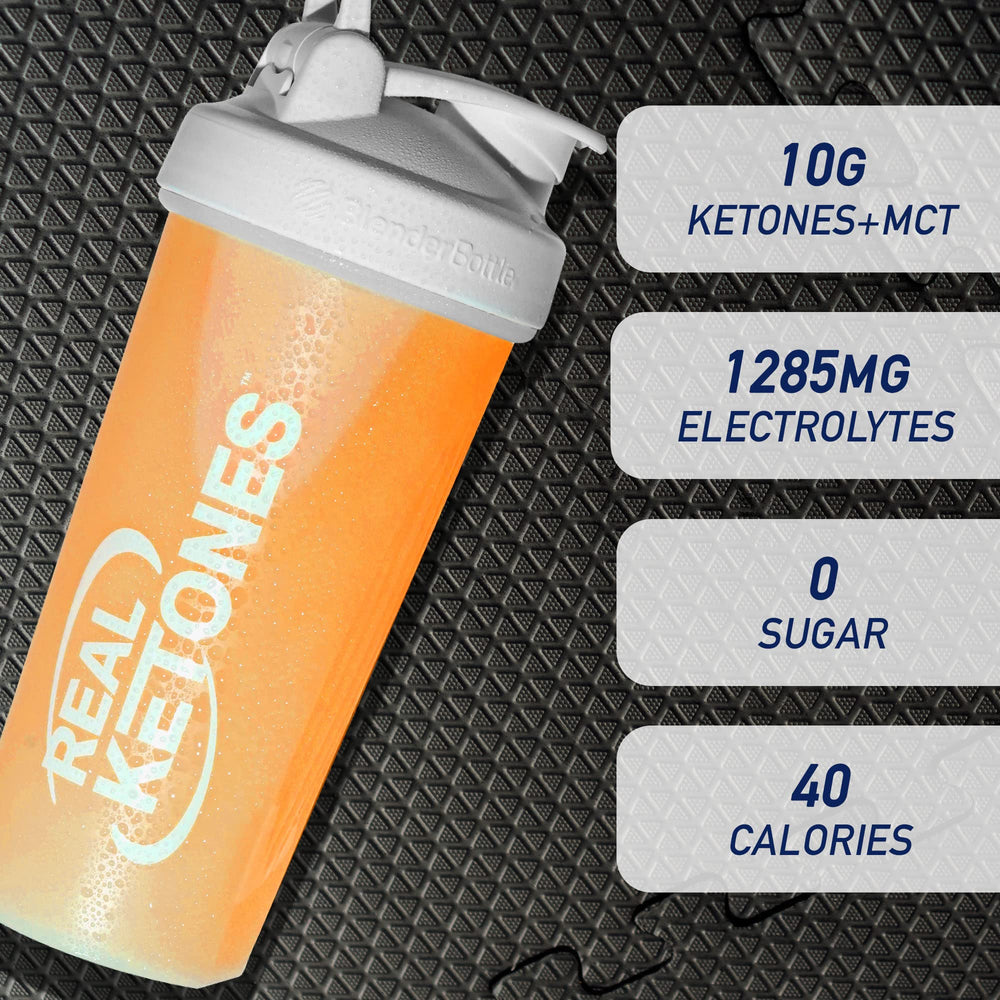 Real Ketones bottle pouring orange liquid highlights easy on the go exogenous ketones