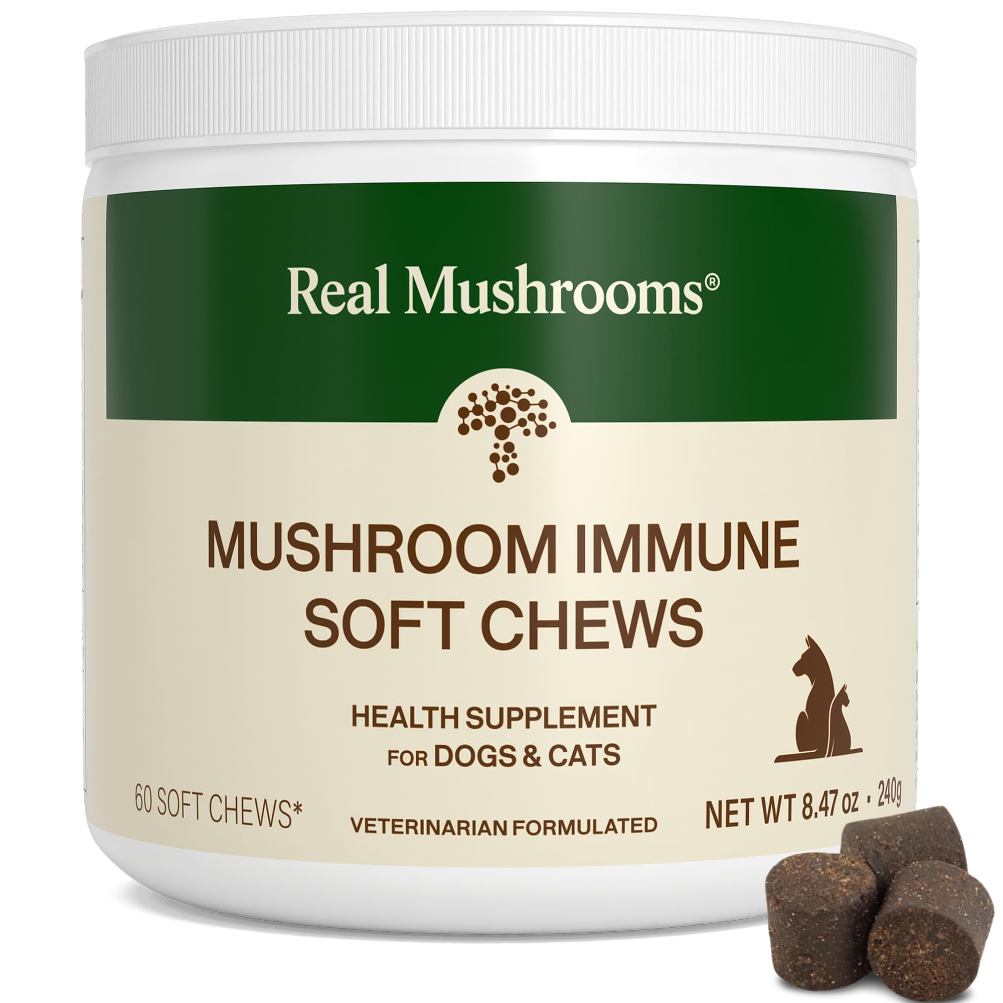 Real Mushrooms Immune Pet Chews bottle highlighting daily immune and digestive support for pets