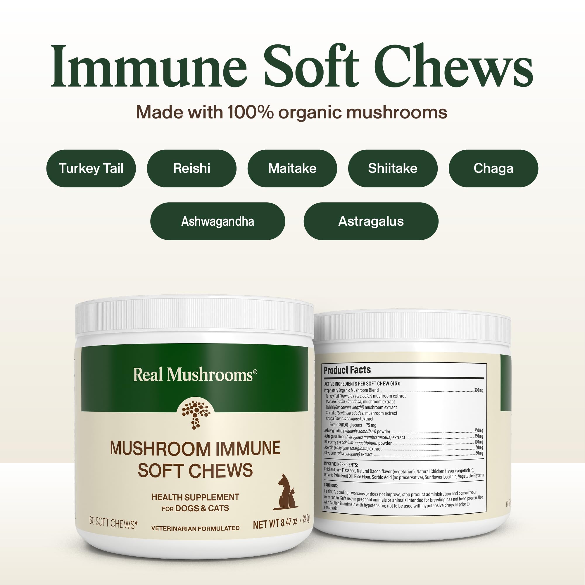 Real Mushrooms Immune Pet Chews cat serving illustrates weight-based dosing for daily pet support