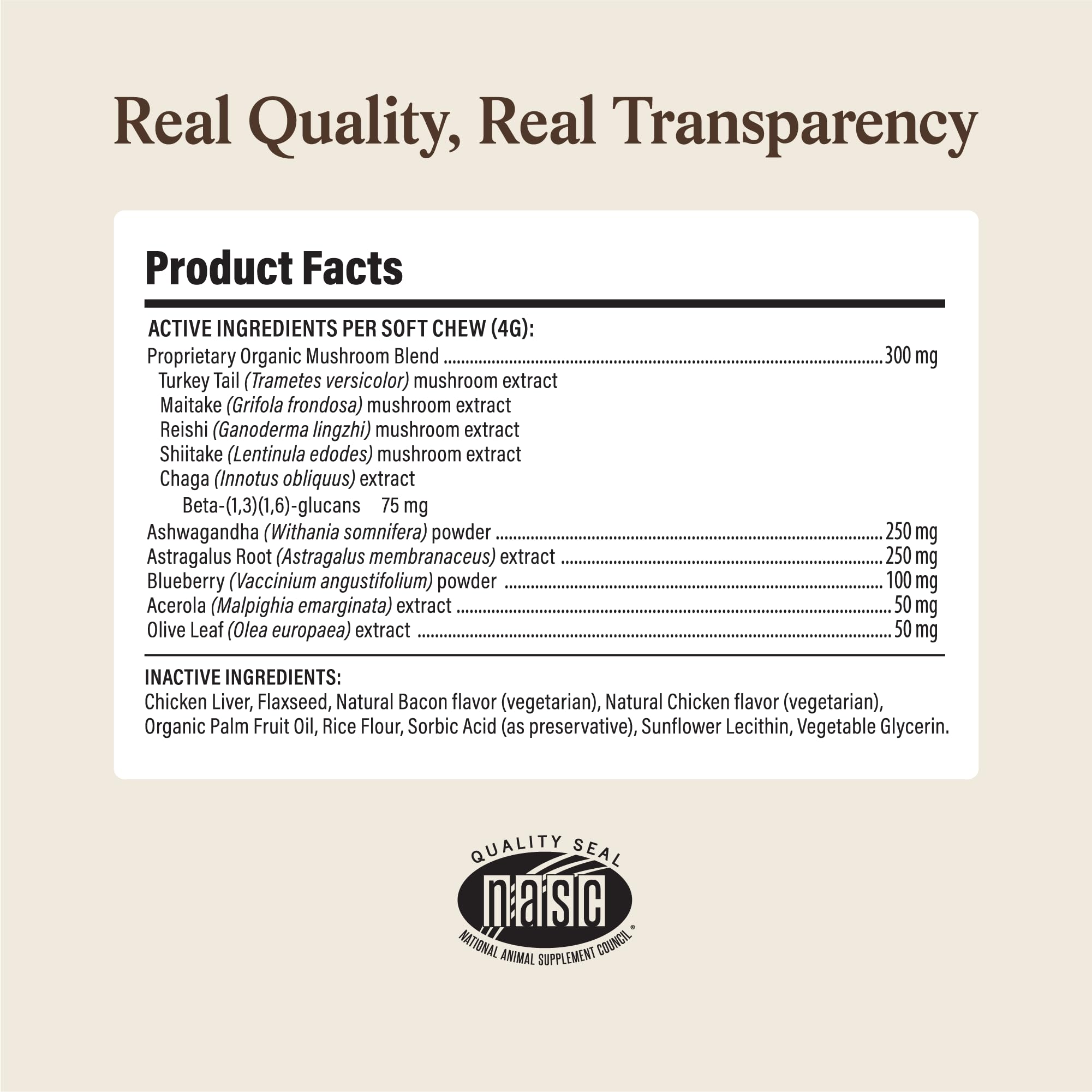 Real Mushrooms Immune Pet Chews nutrition panel details beta-glucans per serving