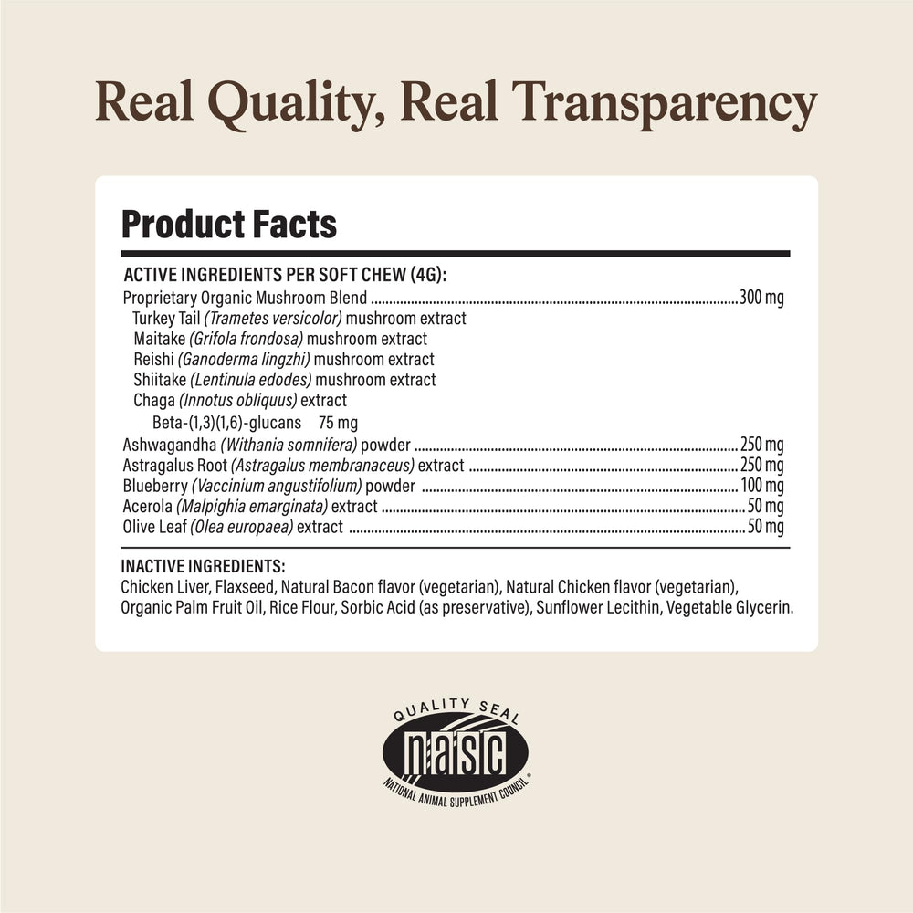 Real Mushrooms Immune Pet Chews nutrition panel details beta-glucans per serving