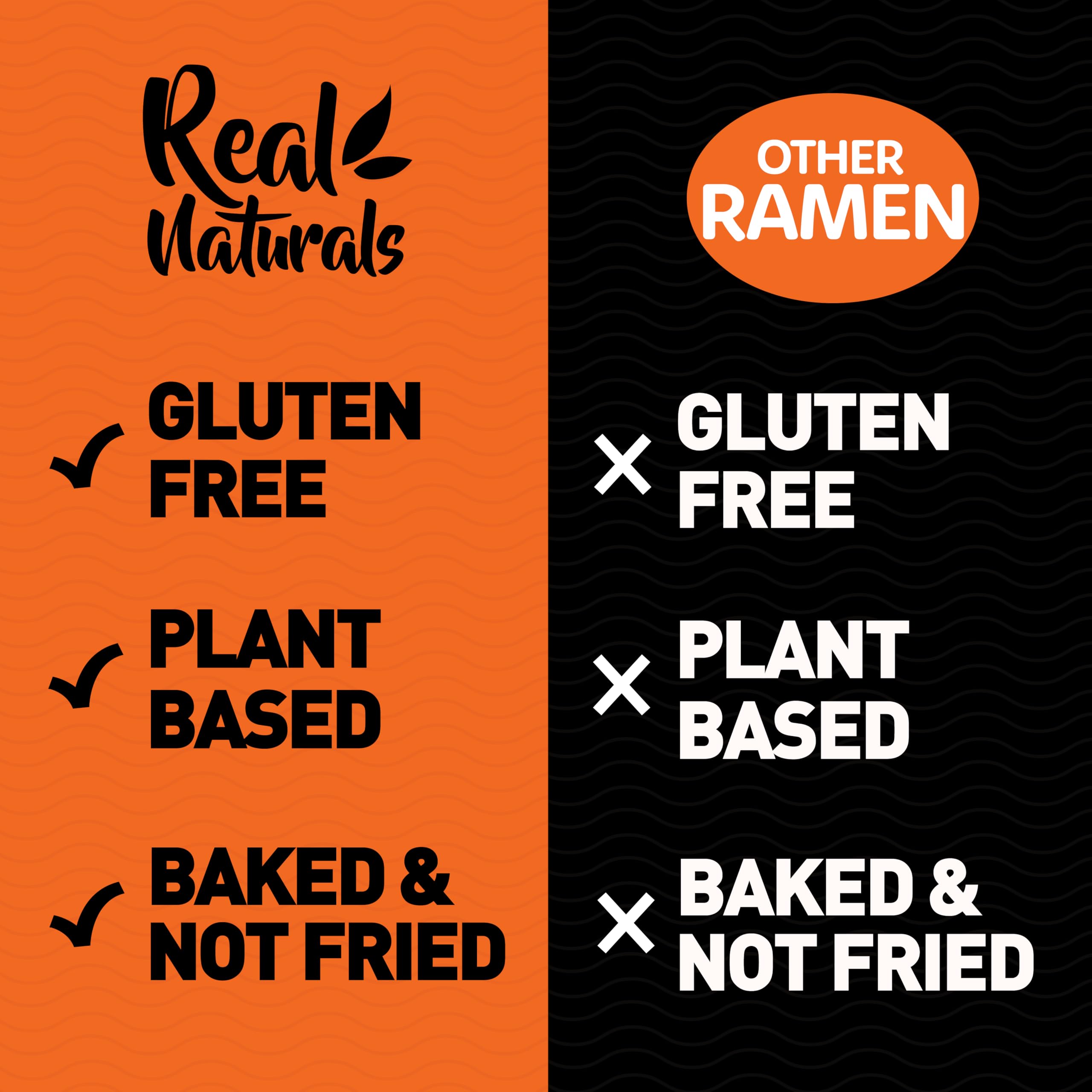 Real Naturals brown rice noodles highlight plant-based ingredients.