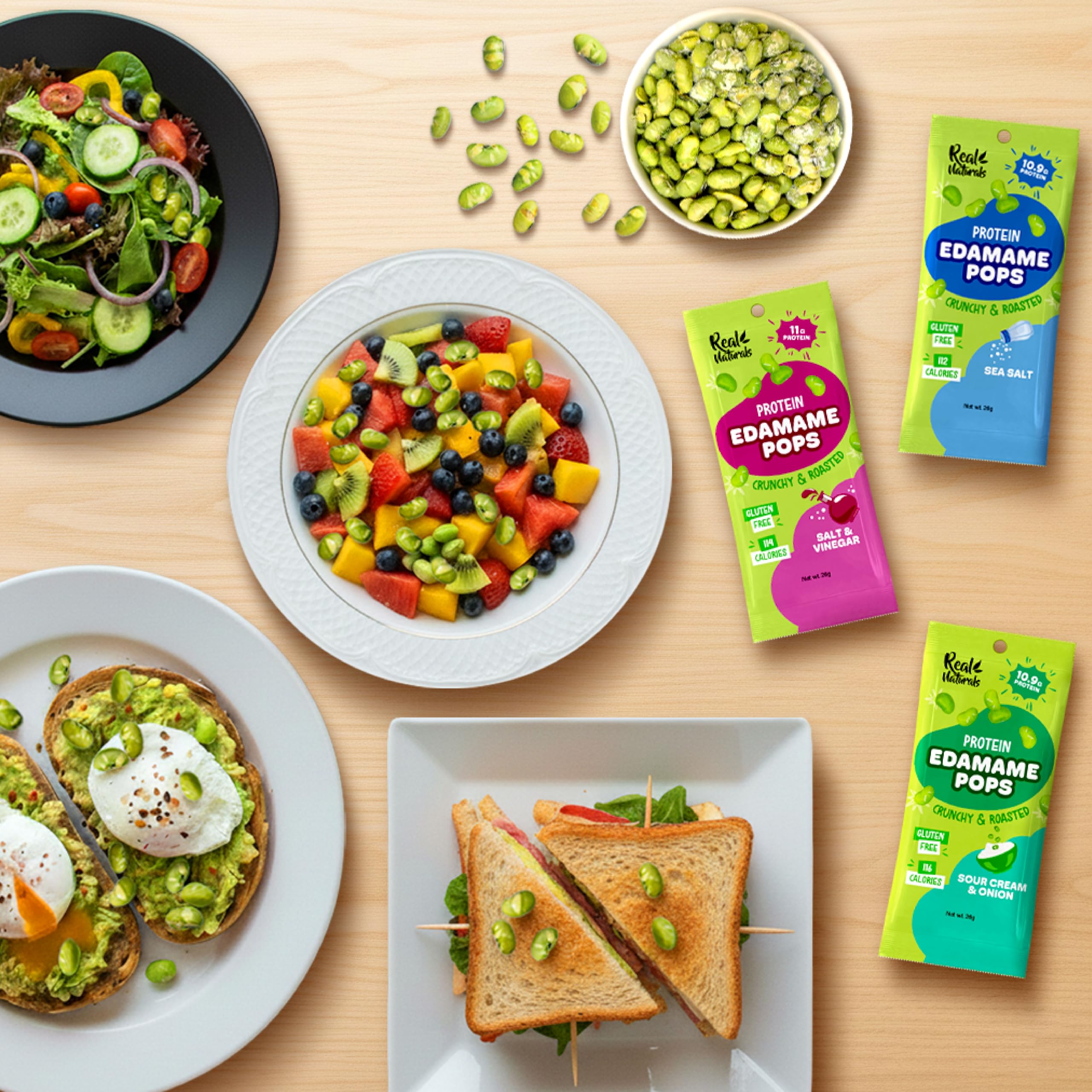 Real Naturals edamame snack packaging front showing 10 pack convenience