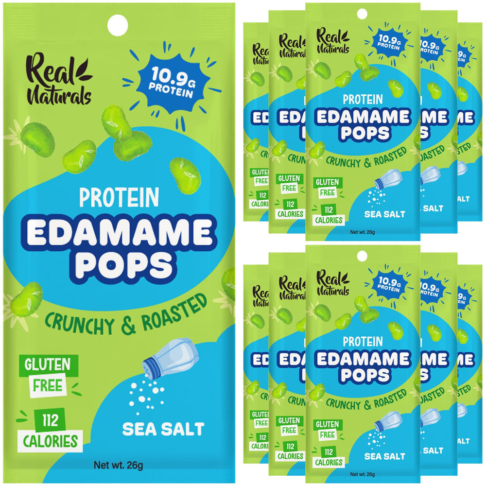 Real Naturals edamame snack sea salt 10-pack, convenient protein boost for busy days.