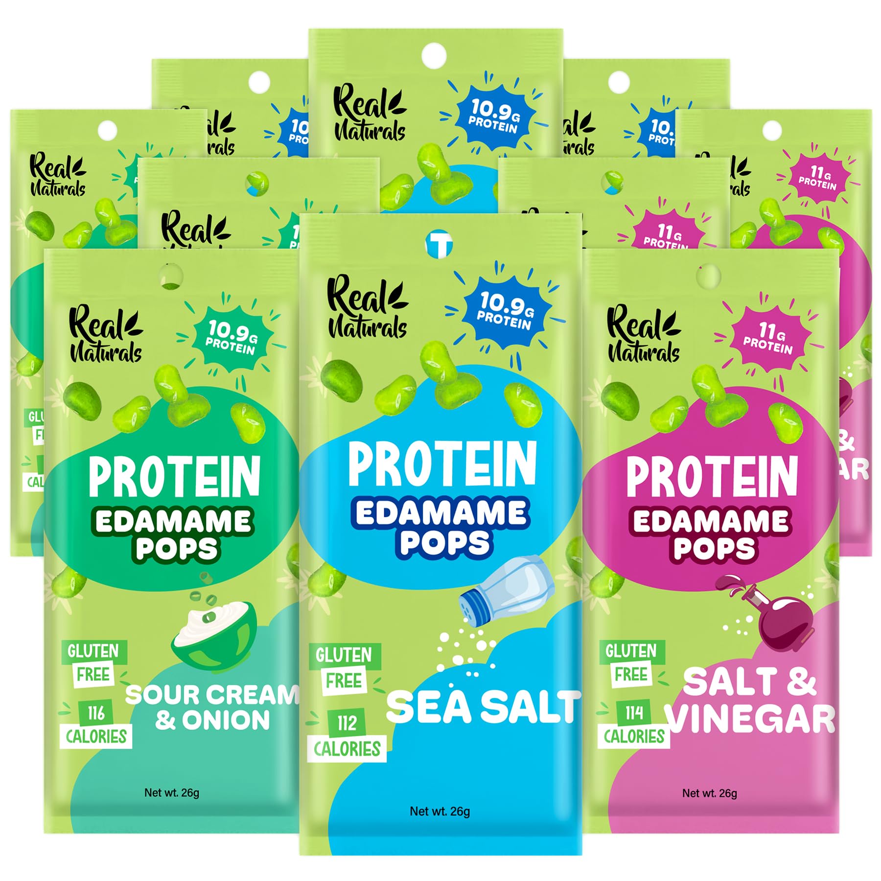 Real Naturals edamame sea salt pack showing crunchy texture for on-the-go protein