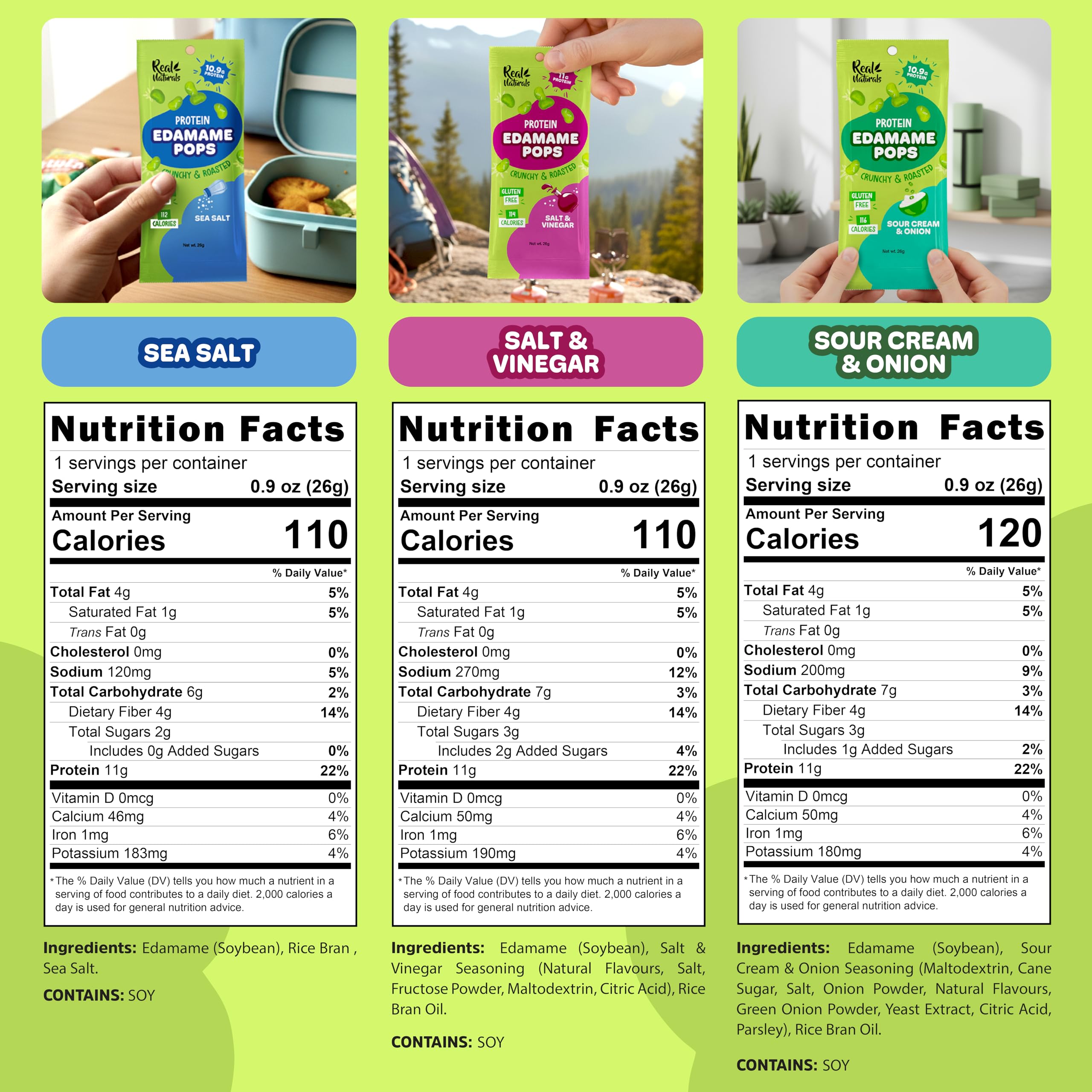 Real Naturals edamame sour cream pack offering tangy flavor and plant protein