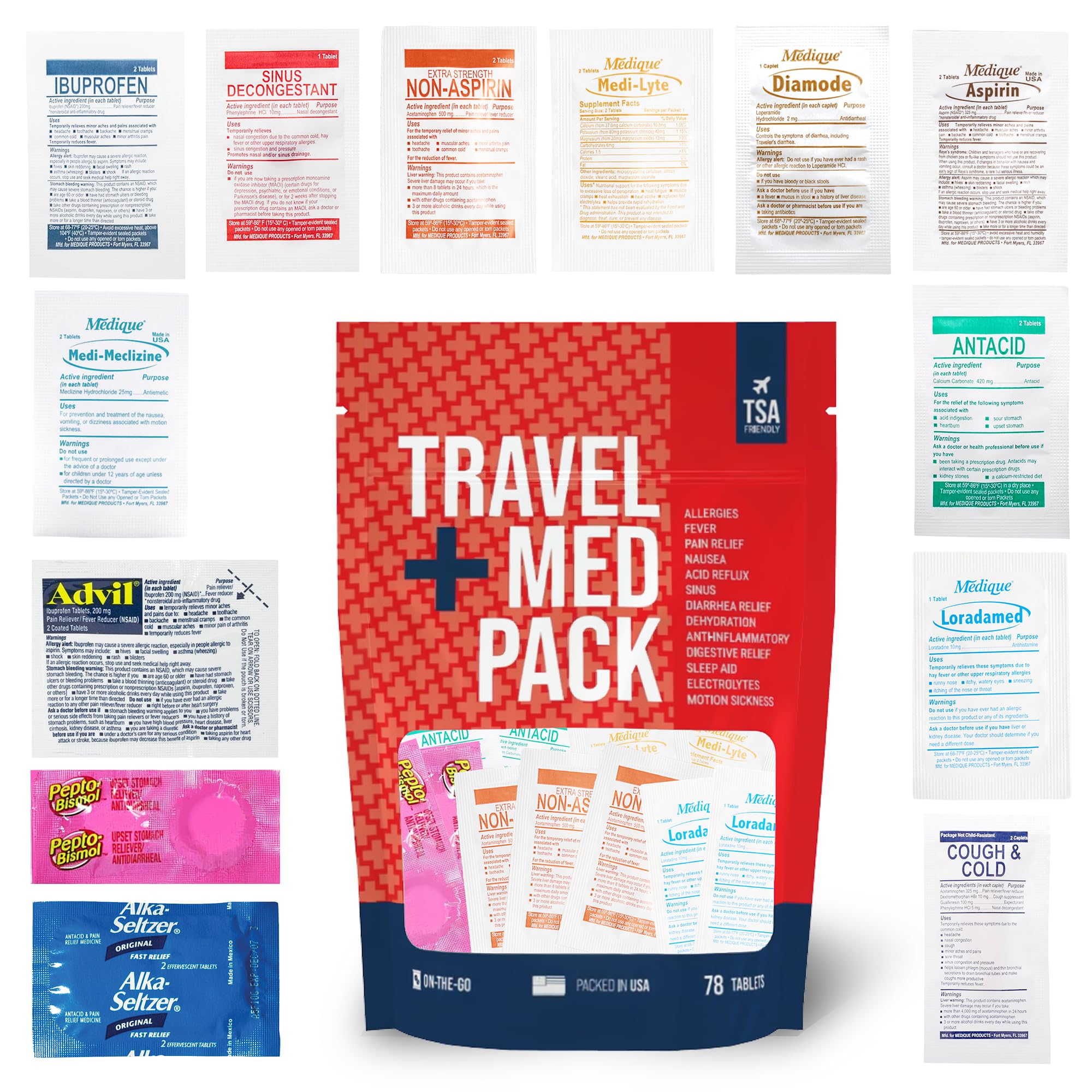 Real Vitamins travel medicine kit contents for on-the-go health care.
