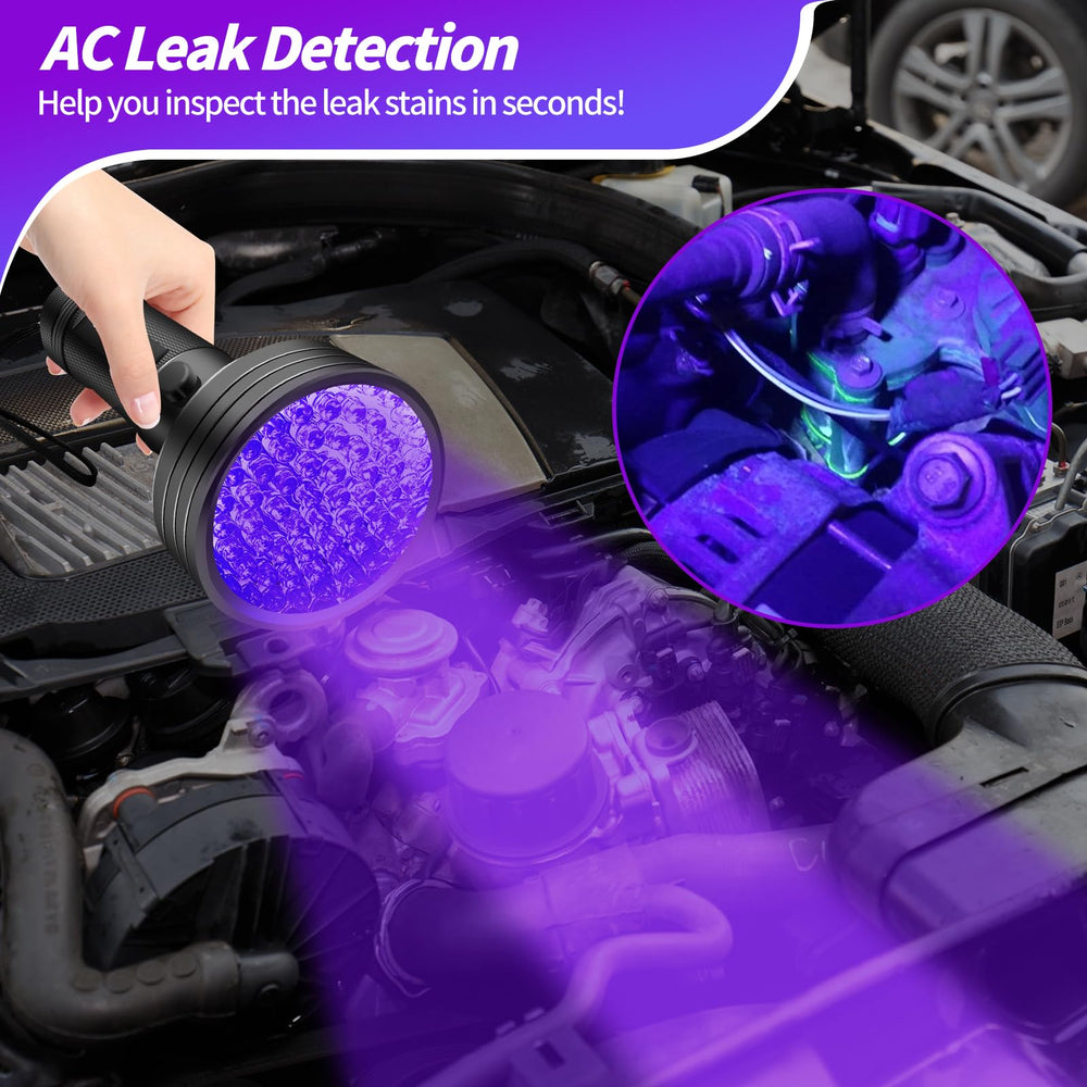 REALHUNLEE UV flashlight with protective glasses enables safe leak inspection.
