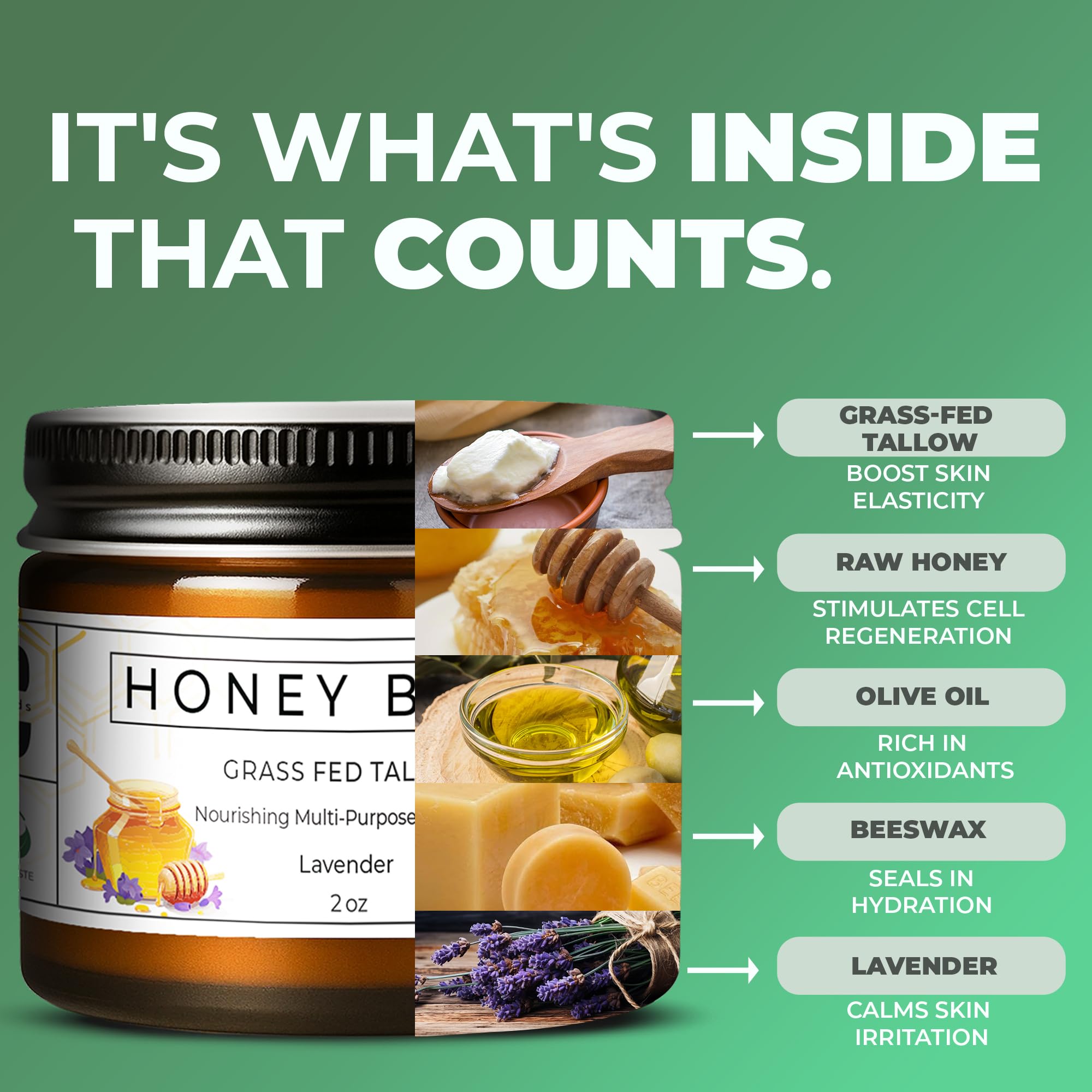 Ingredients spotlight: grass-fed tallow, raw honey, beeswax and olive oil by Really Good Blends.