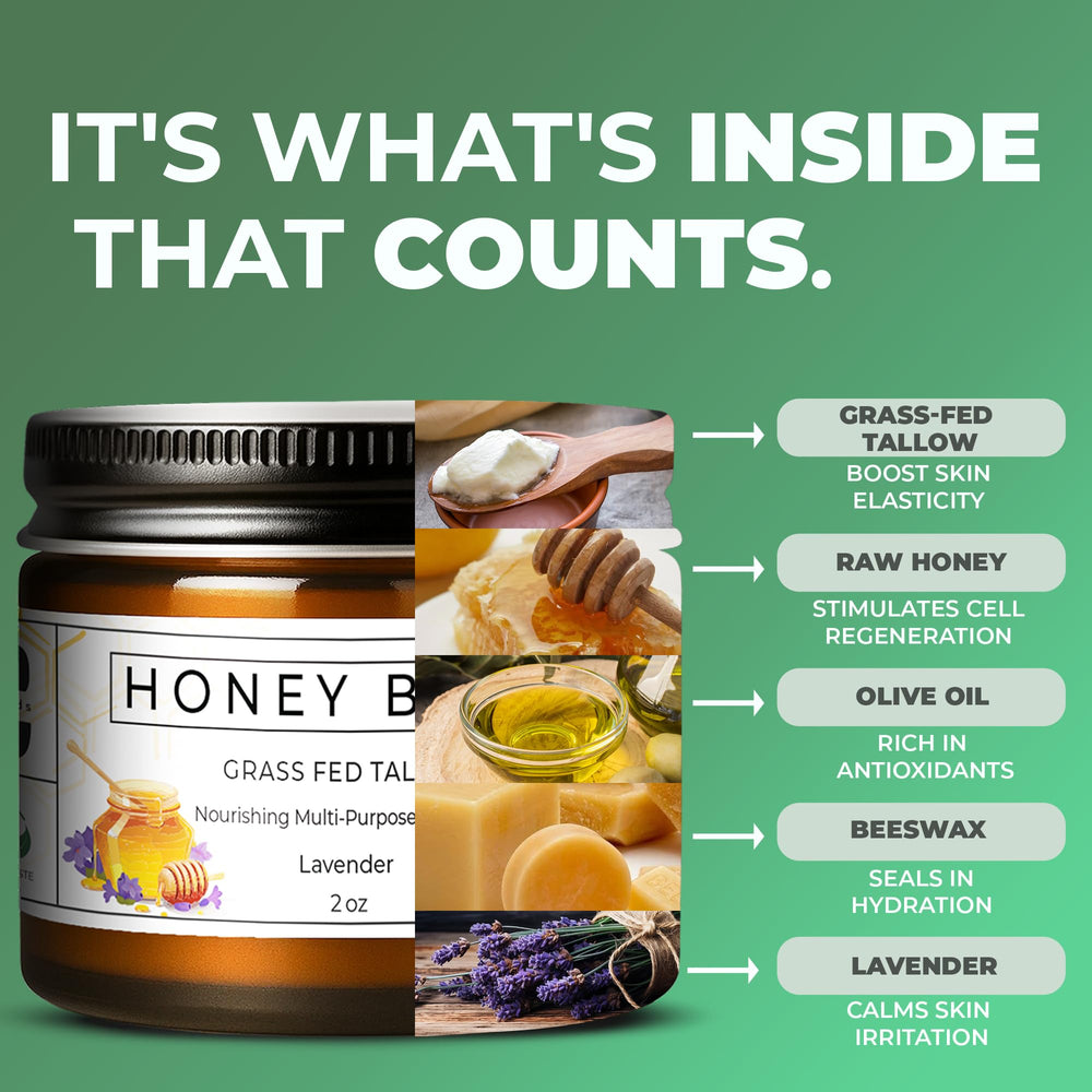 Ingredients spotlight: grass-fed tallow, raw honey, beeswax and olive oil by Really Good Blends.