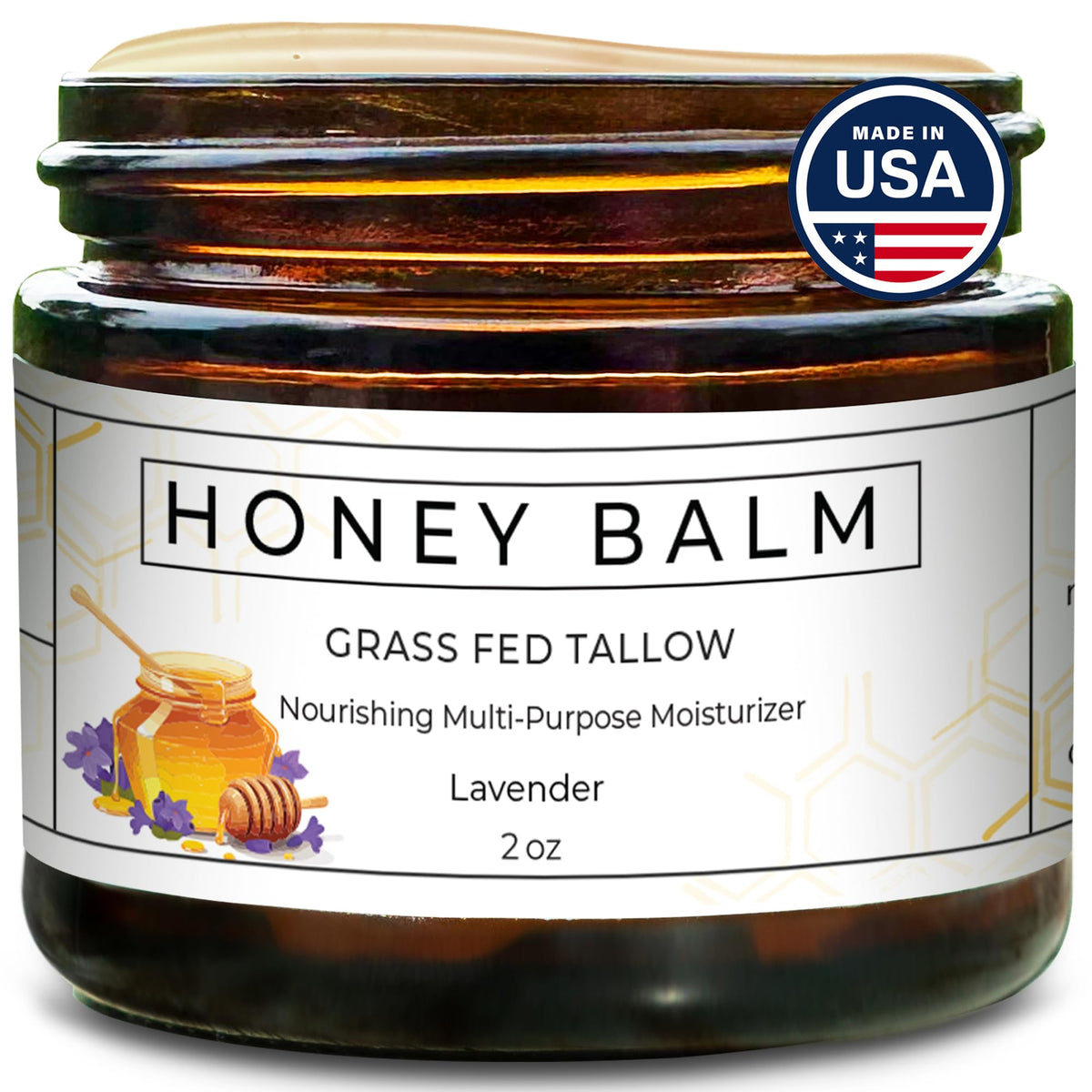 Really Good Blends Tallow Honey Balm jar with lavender aroma for hydration.