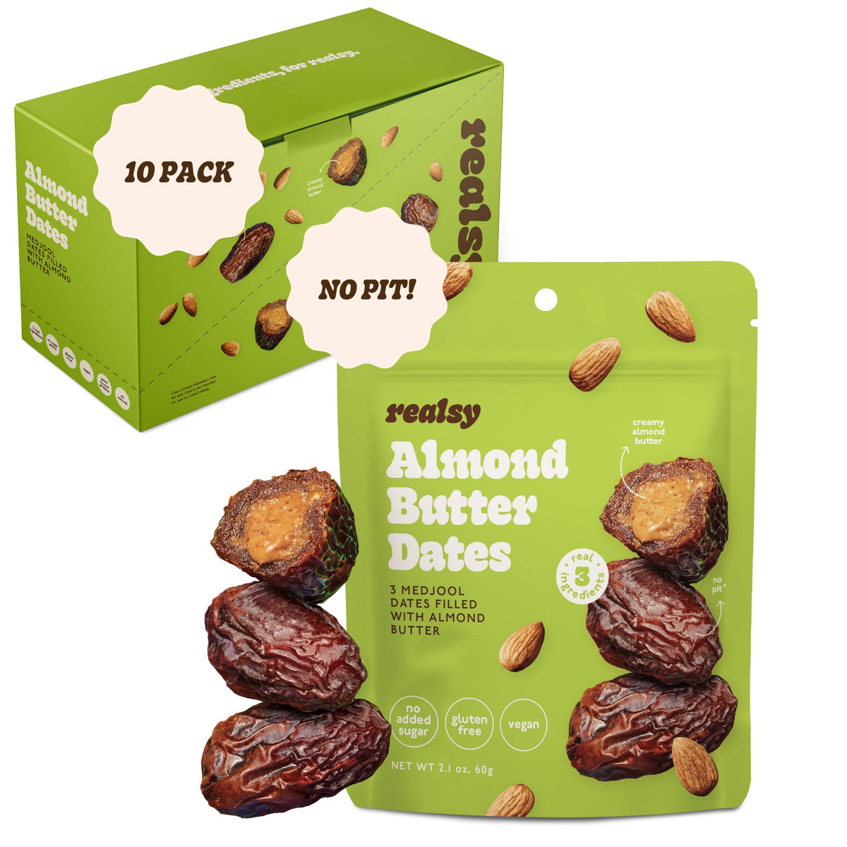 Realsy almond butter stuffed Medjool dates in a resealable pack for on-the-go energy.