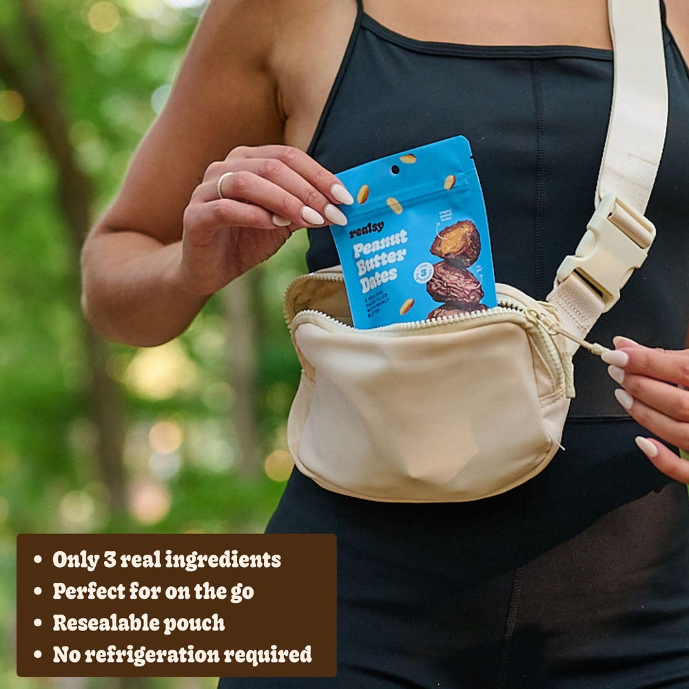 Realsy peanut butter stuffed dates inside view, ideal between meals.