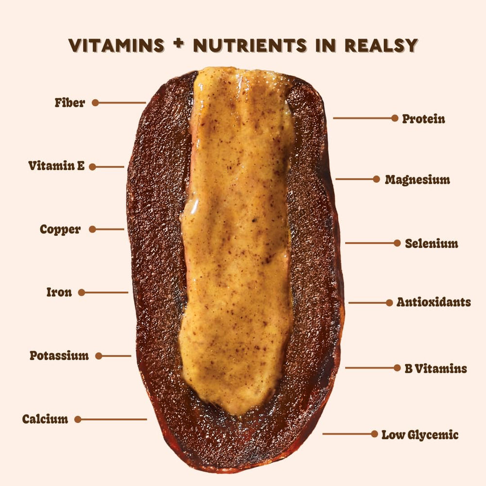 Realsy serving idea: date bites with almond butter for energy.