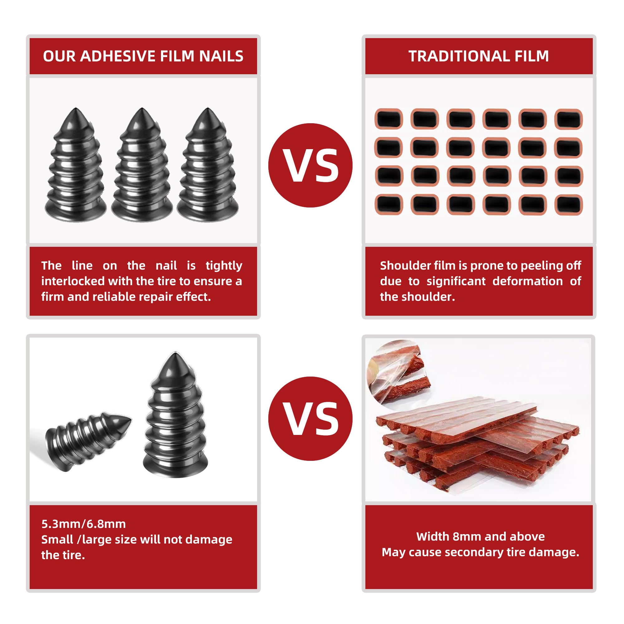 Realth screws in two sizes for adaptable puncture repair on various tires
