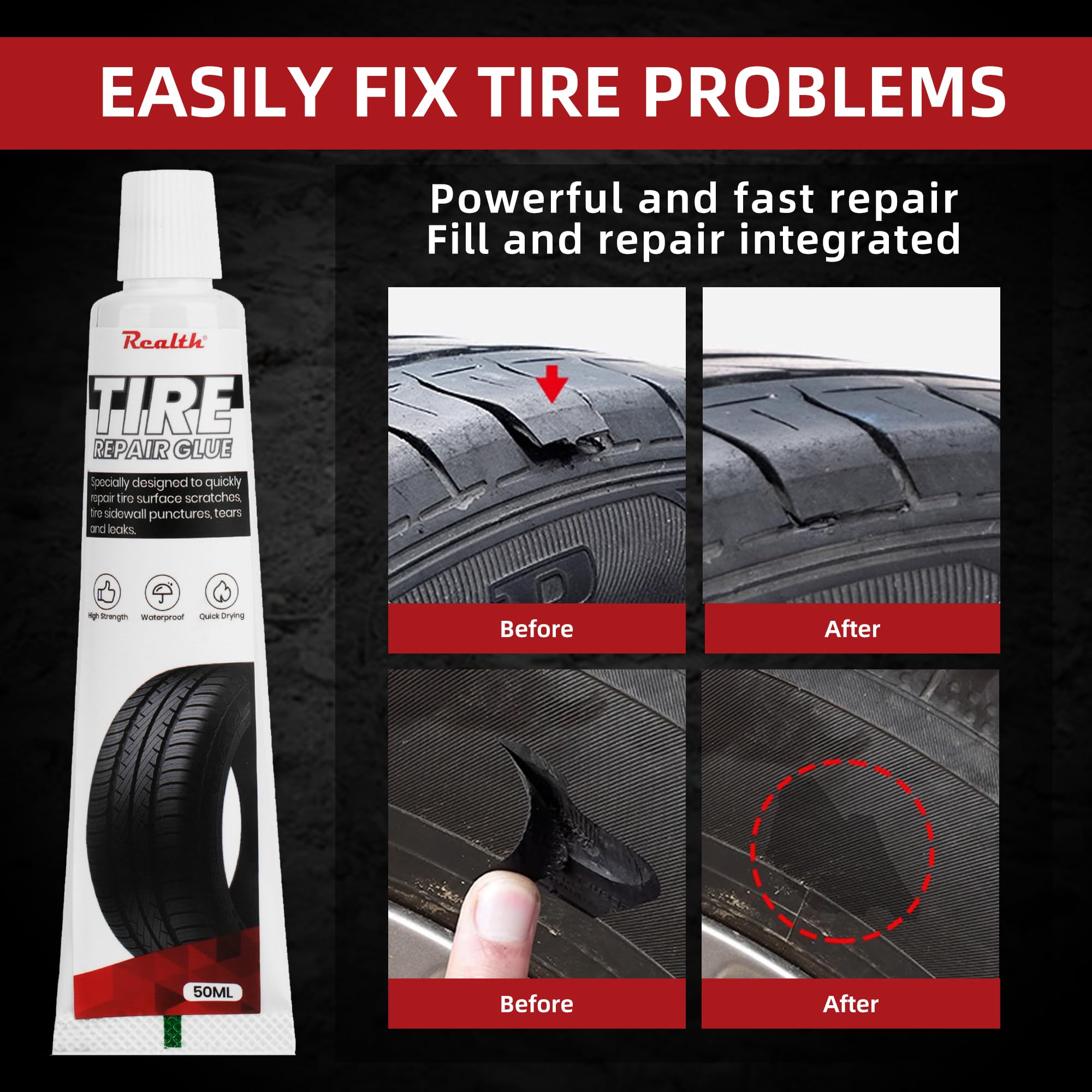 Realth quick-drying tire adhesive for fast fixes and reliable seals