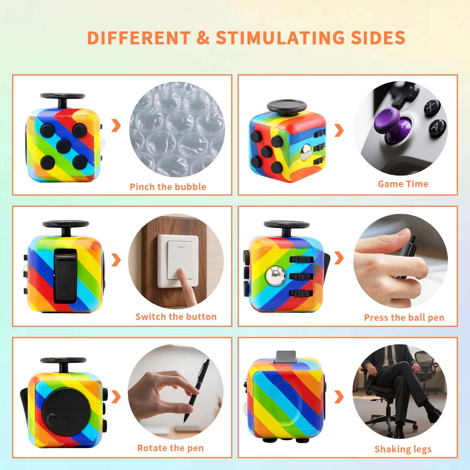 RE:BLEU fidget cube showing rotate and button actions for mindful sensory input.
