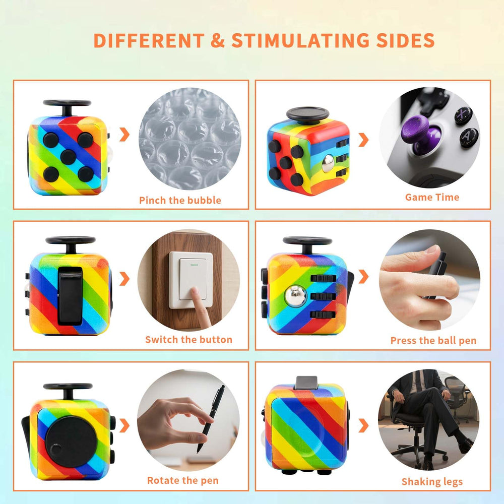 RE:BLEU fidget cube showing rotate and button actions for mindful sensory input.