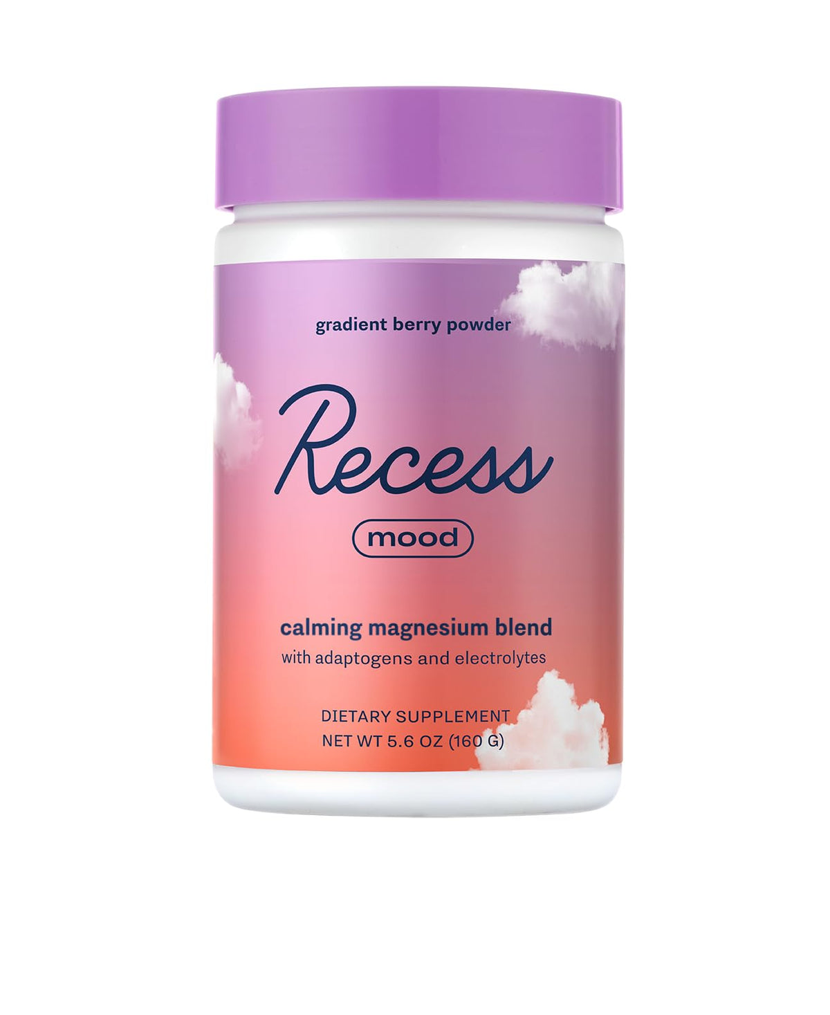 Recess Mood Powder gradient berry tub showcases packaging for calming hydration.
