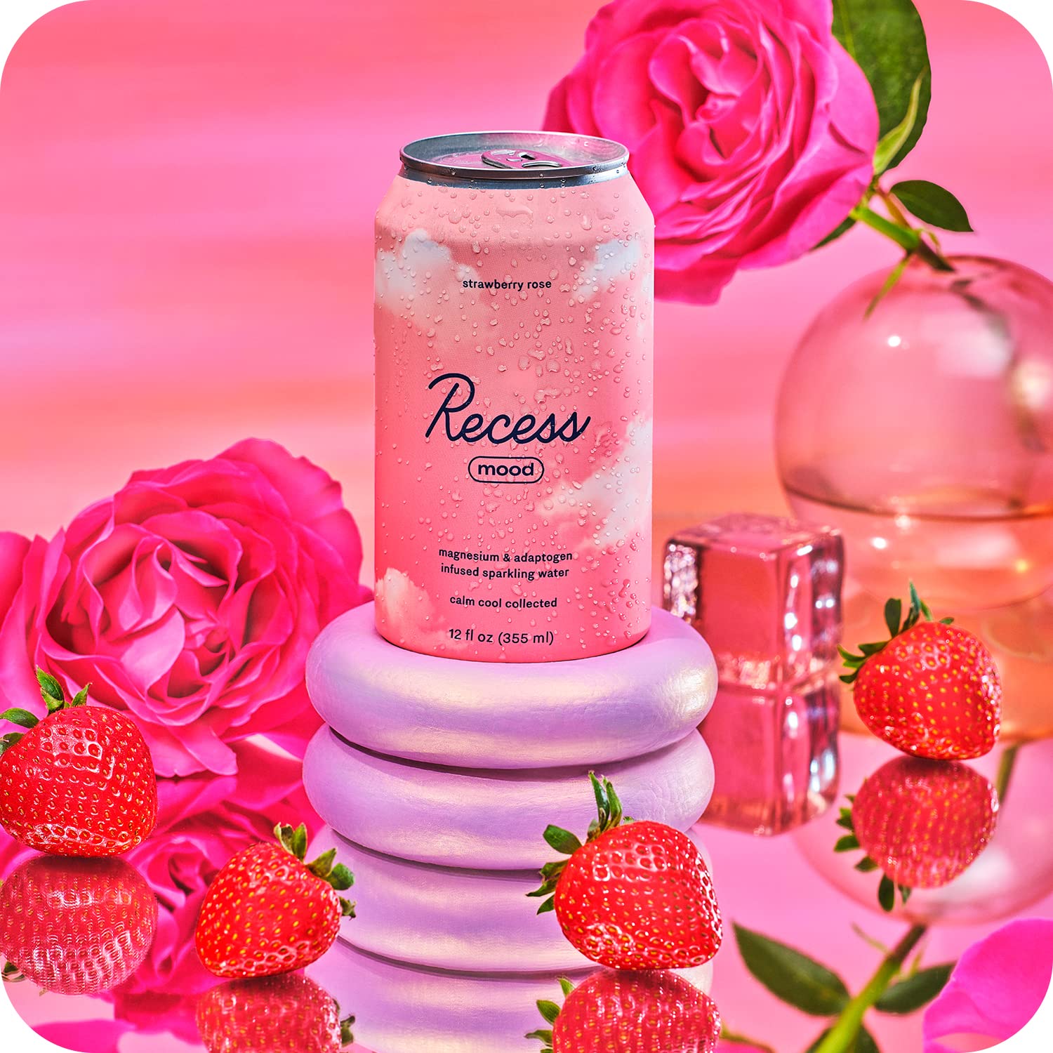 Recess Mood close-up shows strawberries and rose petals for natural flavor