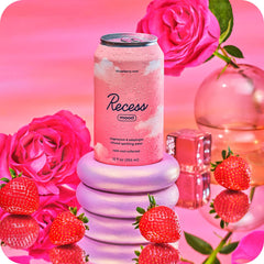 Recess Mood close-up shows strawberries and rose petals for natural flavor