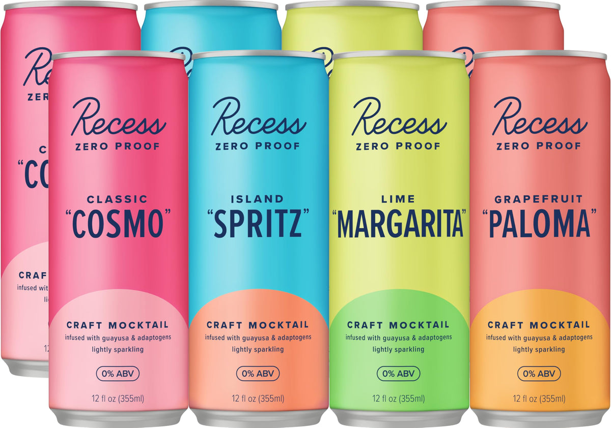 Recess zero-proof mocktails bottle label highlights natural ingredients for a refreshing alcohol-free option.