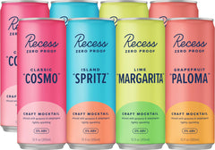 Recess zero-proof mocktails bottle label highlights natural ingredients for a refreshing alcohol-free option.